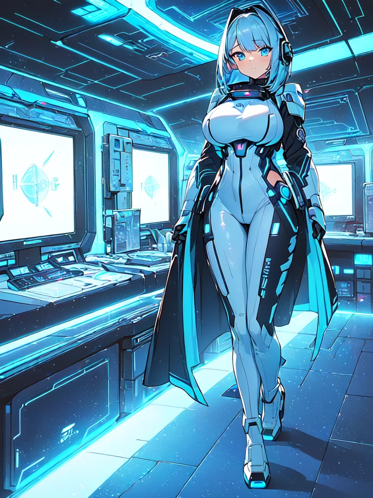 ((1 cyborg woman)),((Huge breasts, naked breasts, naked pussy, completely naked, blue clitoral piercing)),((standing, photo room with monitors with images of naked women)),((serious face )),((with lots of bubian hair, in a scientist's coat)),((short hair with two short gray ponytails, bright yellow eyes)),((facing the viewer, holding a tablet)), ((standing in the futuristic room)),