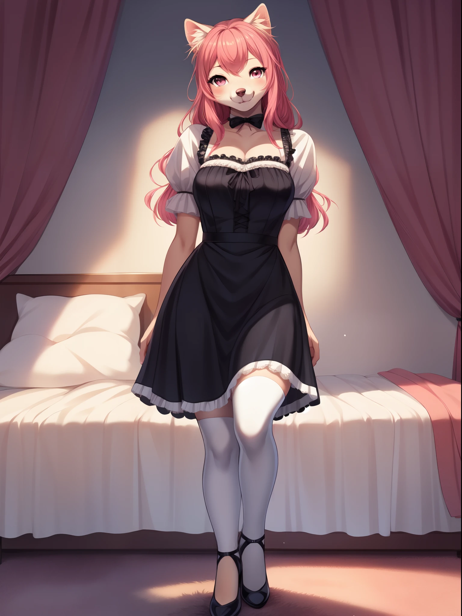Solo:1.2, Athena, pink domestic dog, long pink hair, 4 toes, pink eyes, white sclera,  black thigh highs, wearing short frilly black and white maids dress, black and white dress, open toed heels, standing in a colorful bedroom, intricately designed elegant bedroom,front view, hands behind her back, smiling big, by fumiko, by gudlmok99