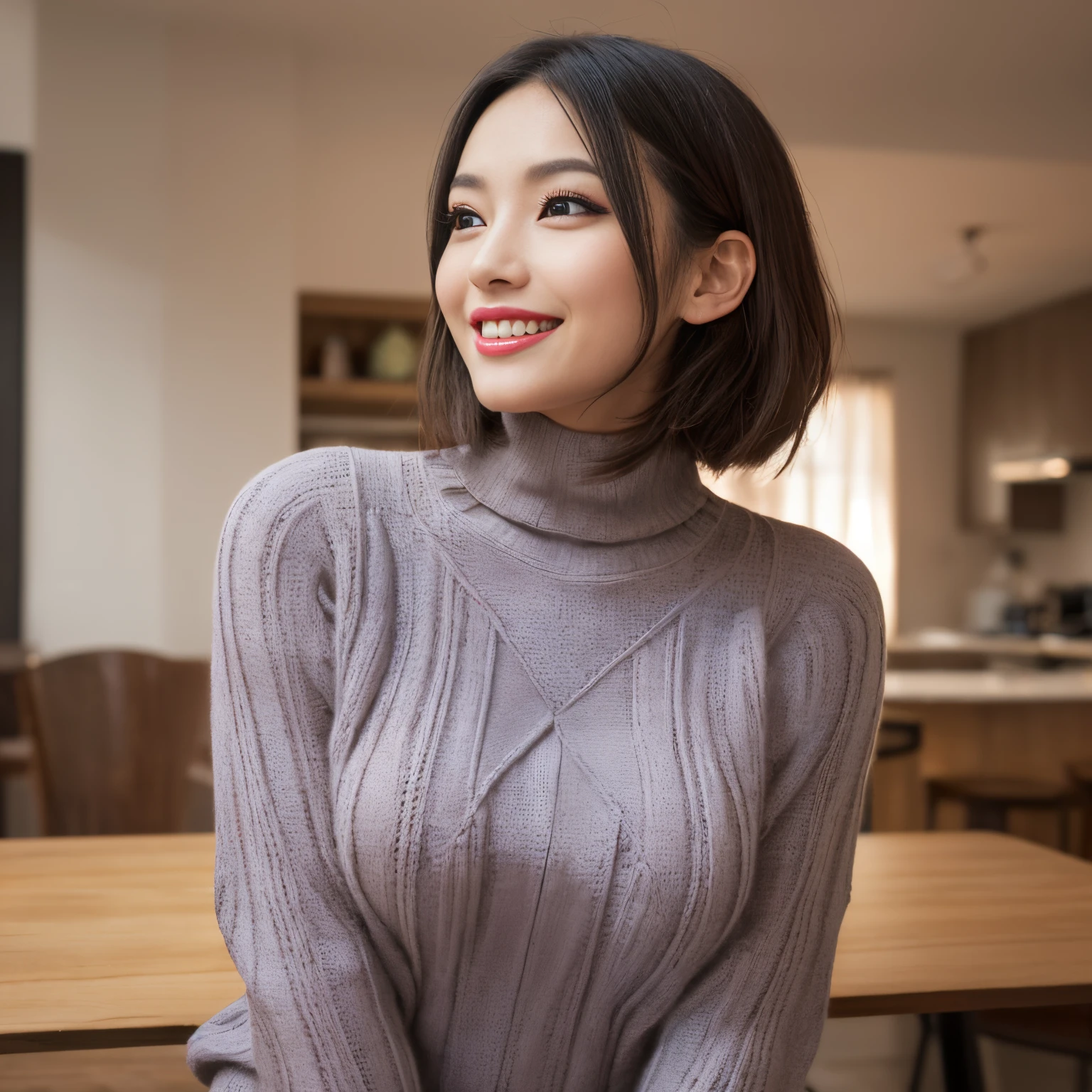 ((Best Quality, masutepiece, 超A high resolution、The most complex and detailed depictions))、Woman in turtleneck sweater、beatiful detailed eyes、short-hair, Color Contacts、Perfect makeup、long eyelashes、lipsticks、highly saturated eyeshadow、Tight knitwear、((Perfect fit、Emphasize body lines、large full breasts))、((turn to me、shot of her from below、Bold dynamic angle、Bold poses、smile looking at me))、turtle neck、细致背景, Look at viewers, from the front side、the best smile when you look at me、Knitted dresses、The background is a room in an apartment、cowboy shot、(precise knit:1.5)
