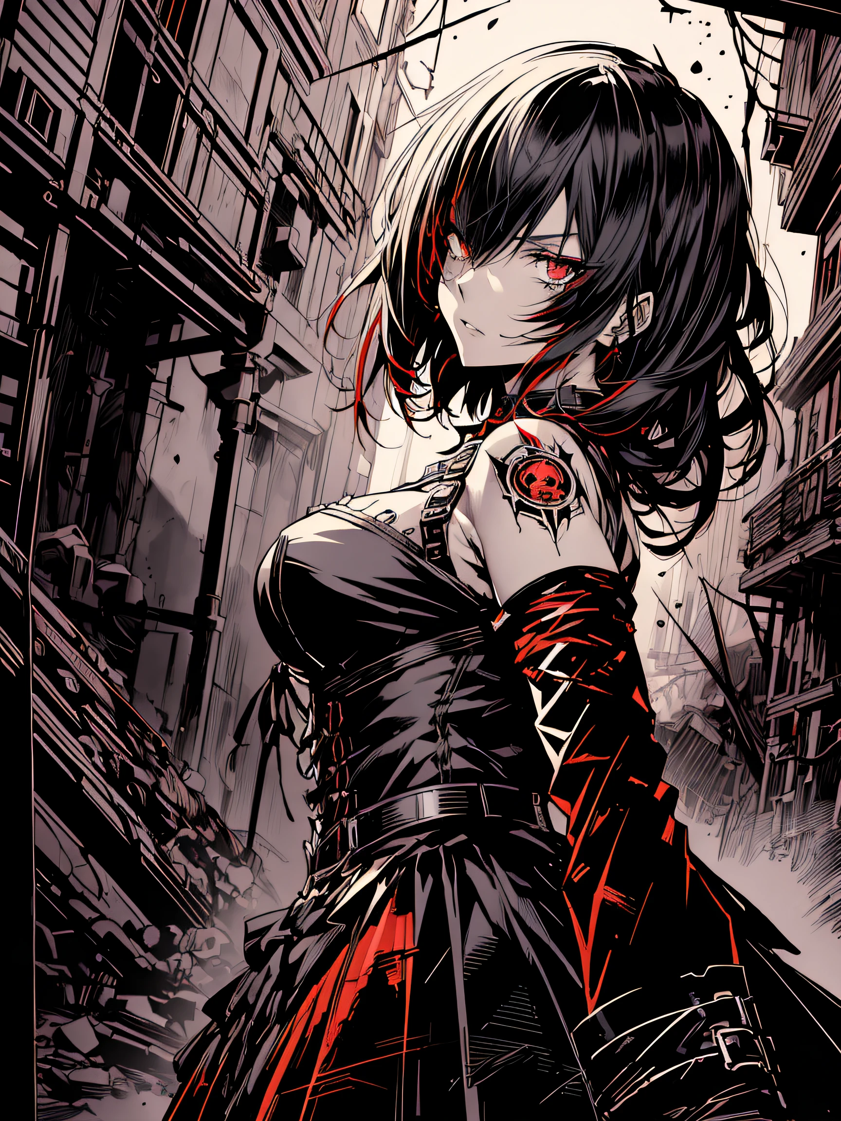 v5lcn style,(Best Quality,masutepiece:1.2),(Anime style,Comic ???? Style:1.1),dynamic compositions,1girl in,cute-style,Adorable,extremely detailed eye,extra detailed face,very detail hair,8K,resolution,gothic dress,Gothic punk,blood splashing、dark hue、Red hue