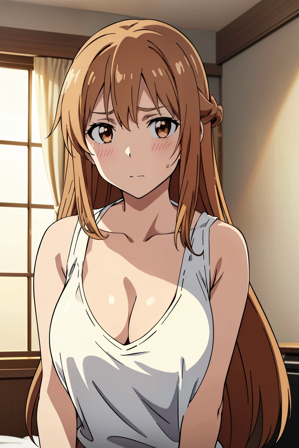 (Best Quality, masutepiece, High resolution, anime screen cap, anime colours, offcial art, poster for), (long, Straight Light Brown Hair:1.5), Yuuki Asuna, kindly smile, (oversized saggy breasts:2.0, cleavage), (Thin fabric, White Micro Bikini:2.0, no-bra:1.5), Slimed, Lower your arms, (Leaning forward:1.5, Front composition:1.7), Looking At Other, Upper body, Bedrooms, (Perfect Anatomy, perfect detailed body, Eyes and hair in beautiful detail, Beautiful breasts and skin), Close-up on the chest