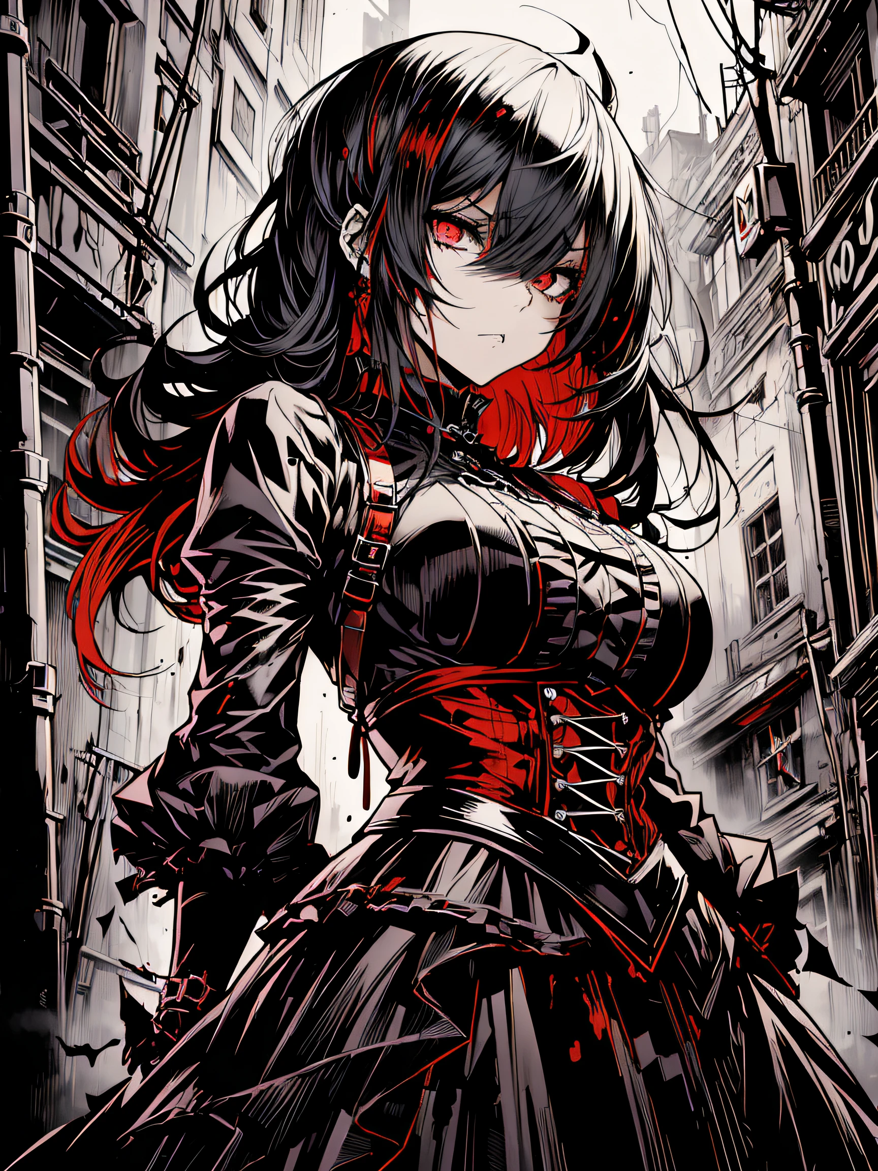 v5lcn style,(Best Quality,masutepiece:1.2),(Anime style,Comic Noir Style:1.1),dynamic compositions,1girl in,cute-style,Adorable,extremely detailed eye,extra detailed face,very detail hair,8K,resolution,gothic dress,Gothic punk,blood splashing、dark hue、Red hue