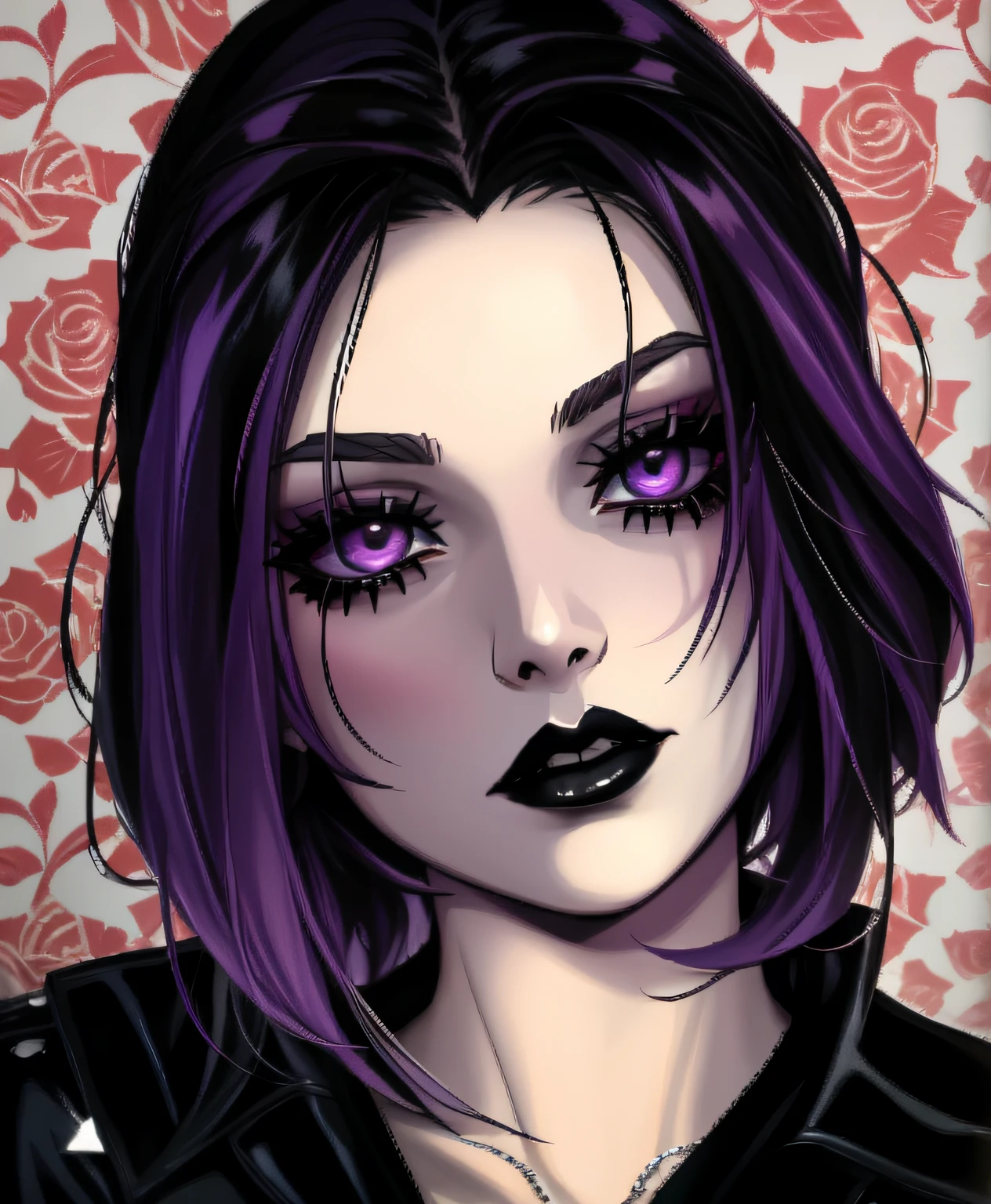 um close de uma mulher com cabelo roxo e batom preto, gothic horror vibes, goth girl, gothic girl face, 1 7 - year - old goth girl, gothic face, gothic art style, goth vibe, goth girl aesthetic, gotic girl, 1 7 - year - old anime goth girl, gothic aesthetic, estilo de arte sinistro, goth woman