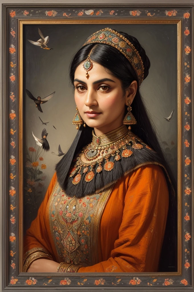 Persian Qajar period woman , ((50 years old)) , heavy wrinkle on face , (gray and dark hair) , Bright dark face
, ((detailed face)) , Rembrandt light , in traditional Orange dress , fish pattern on dress , ((background contains painting of birds, floral frame )), ((perfect rectangular frame))