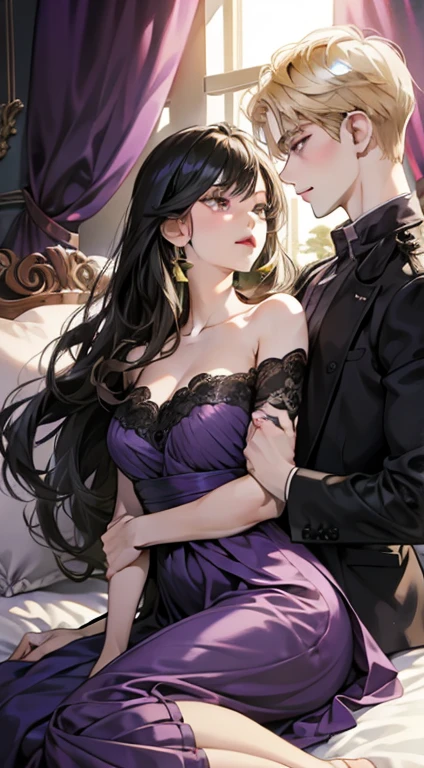 Triangle love, 1 girl with 2 boys, different hair color, long black hair and purple eyes, short blonde hair and green eyes, romance, light suite, purple dress, UK, luxury room background, face to face, romantic, have sex, 3 people's