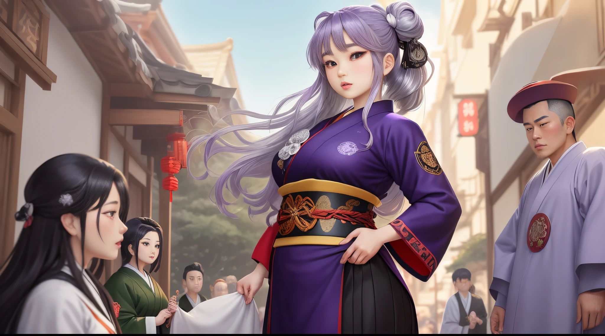 Kirio Hikifune is a plump, purple-haired lady with stylized swirl-shaped markings on her black cheeks and lips.. She has a large silver ornament in her hair and wears the standard Shinigami uniform underneath a long-sleeved white haori decorated with the emblem of the Royal Guard..