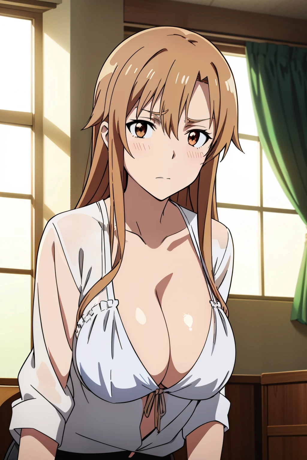 (Best Quality, masutepiece, High resolution, anime screen cap, anime colours, anime official art, Anime a poster), (Long straight light brown hair:1.5), Yuuki Asuna, Embarrassed look:1.3, blush, (huge drooping breasts:2.0, cleavage), ( Oversized white blouse:1.5, Thin fabric,no-bra:1.5), Leaning forward:2.0, down blouse, Slimed, Lower your arms, Upper body, Close-up on the chest, Front composition:1.5, Bedrooms, (Perfect Anatomy, perfect detailed body, Eyes and hair in beautiful detail, Beautiful breasts and skin),