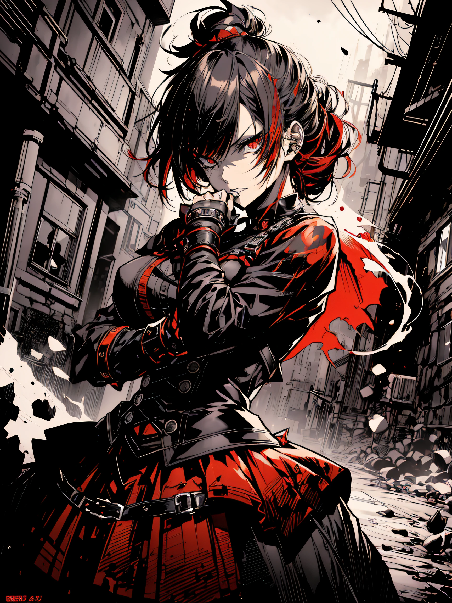 v5lcn style,(Best Quality,masutepiece:1.2),(Anime style,Comic Noir Style:1.1),dynamic compositions,actionpose,1girl in,cute-style,Adorable,extremely detailed eye,extra detailed face,very detail hair,8K,resolution,gothic dress,Gothic punk,blood splashing、dark hue、Red hue