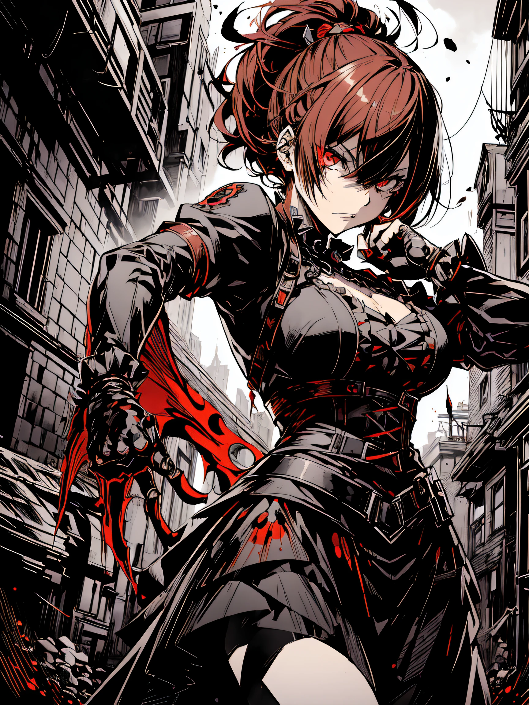 v5lcn style,(Best Quality,masutepiece:1.2),(Anime style,Comic Noir Style:1.1),dynamic compositions,actionpose,1girl in,cute-style,Adorable,extremely detailed eye,extra detailed face,very detail hair,8K,resolution,gothic dress,Gothic punk,blood splashing、dark hue、Red hue