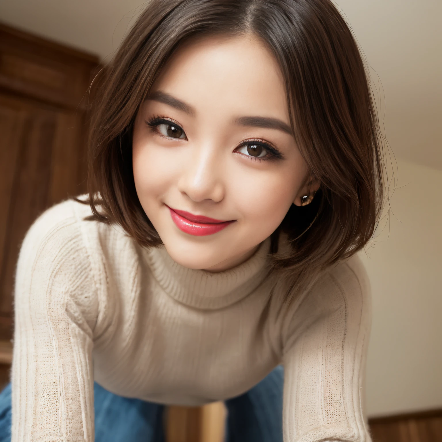((Best Quality, masutepiece, 超A high resolution、The most complex and detailed depictions))、Woman in turtleneck sweater、beatiful detailed eyes、short-hair, Color Contacts、Perfect makeup、long eyelashes、lipsticks、highly saturated eyeshadow、Tight knitwear、((Perfect fit、Emphasize body lines、large full breasts))、((((shot of her from below、Bold dynamic angle、cover me、Looking down on all fours、smile looking at me))))、turtle neck、细致背景, Look at viewers, from the front side、the best smile when you look at me、Knitted dresses、The background is a room in an apartment、cowboy shot、(precise knit:1.5)