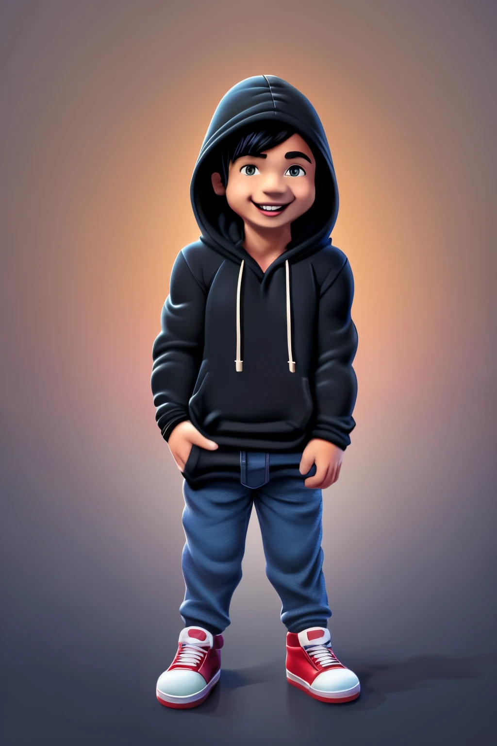 3dcharacter,(1man, ,young man, male, black mixed race, smiling, black hooded sweater, ((hood down)) showing face, black pants, dark blue shoes, young male:1.2), __eyecolor__ eyes, black__hair-male__, ,purse,(full body:1.2),simple background, masterpiece,best quality,(light Red gradient background:1.1)