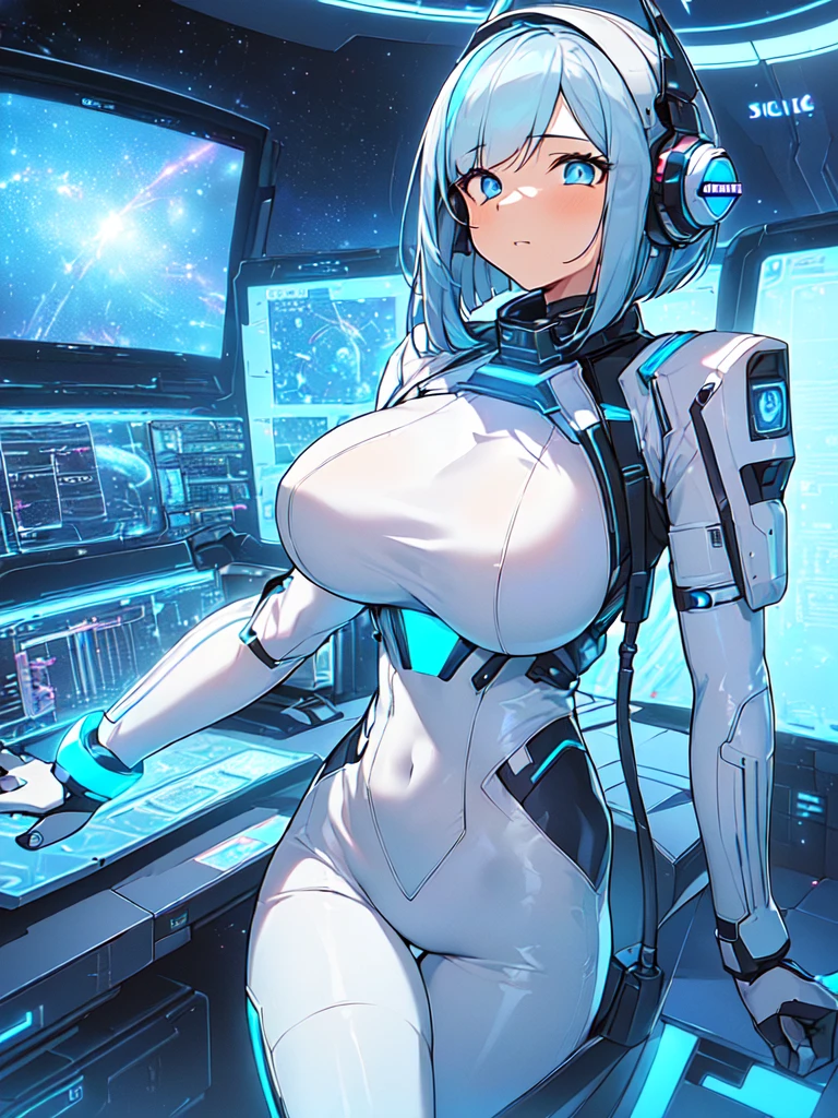 masterpiece:1.4, 1girl in ((20yr old, Wearing a futuristic white and silver costume, Tight Fit Bodysuit, long boots, Very gigantic-breasts, Colorful blue hair, a short bob, Perfect model body, Blue eyes:1.2, Wearing headphones, Looking out the window of the futuristic sci-fi space station、While admiring the beautiful galaxy:1.2, SFSF control room on night background:1.1, Neon and energetic atmosphere:1.2)) ((Galaxy))