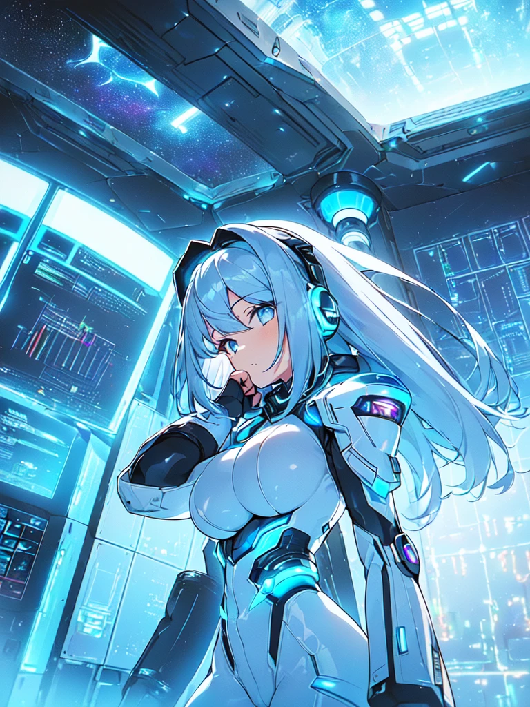 masterpiece:1.4, 1girl in ((20yr old, Wearing a futuristic white and silver costume, Tight Fit Bodysuit, long boots, Very gigantic-breasts, Colorful blue hair, a short bob, Perfect model body, Blue eyes:1.2, Wearing headphones, Looking out the window of the futuristic sci-fi space station、While admiring the beautiful galaxy:1.2, SFSF control room on night background:1.1, Neon and energetic atmosphere:1.2)) ((Galaxy))