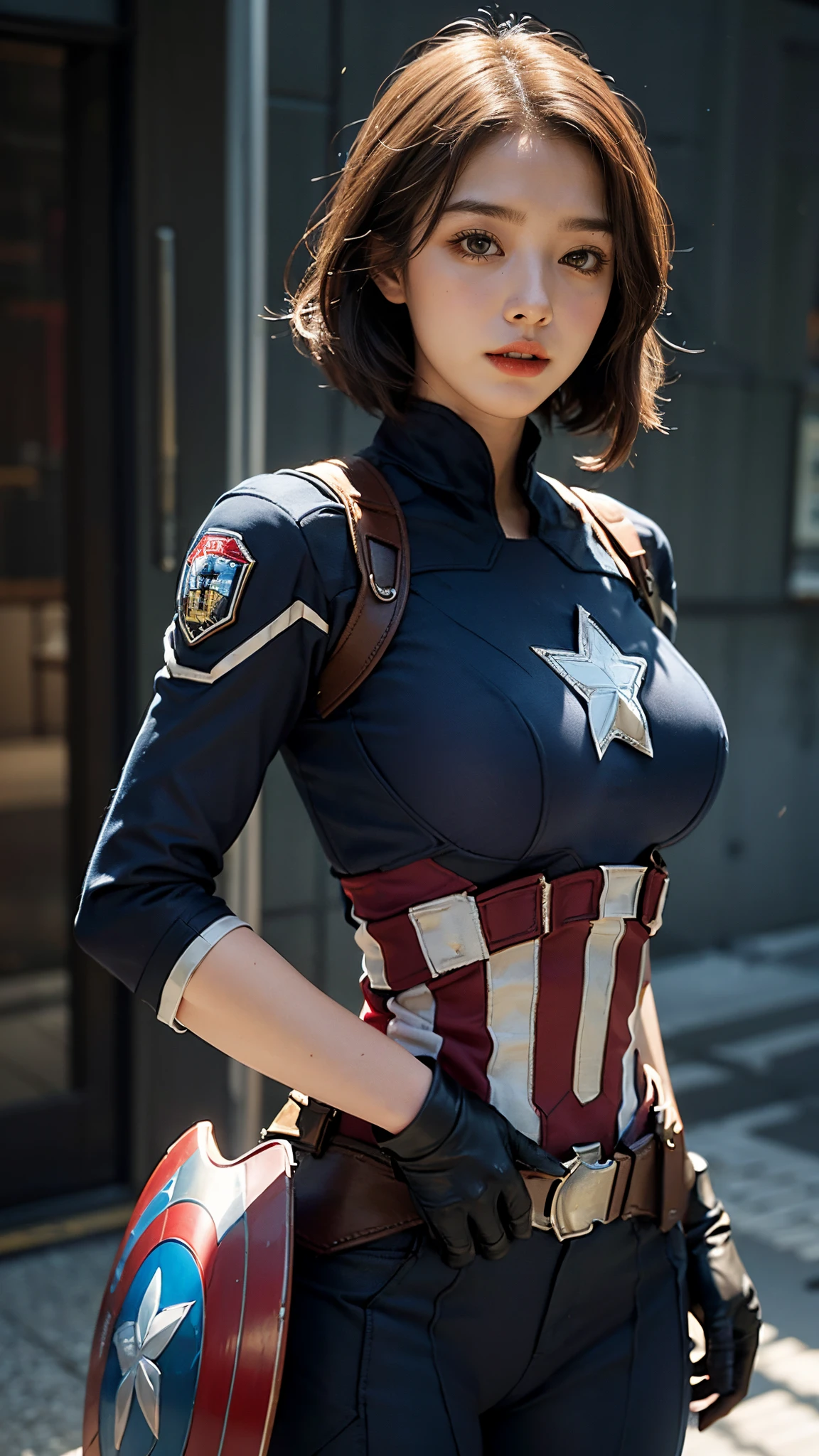 Woman body set big breasts, costume dress of captain america