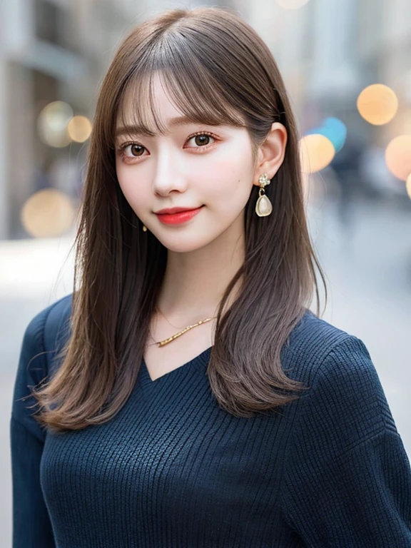 Top Quality, Realistic, 8K, Solo, Smile, Masterpiece, One Girl, Bokeh, Depth of Field, Professional Lighting, High Resolution, Gorgeous, Bangs, Lens Flare, Cute, Photorealistic : 1.37, Earrings, RAW Photography, Absurdity, Watching Viewer, Skindentation, Female, Full Body, Masterpiece: 1.2, Portrait: 0.6, Necklace, pureerosface_v1,　skinny, dynamic pose, mole, floating hair, lips