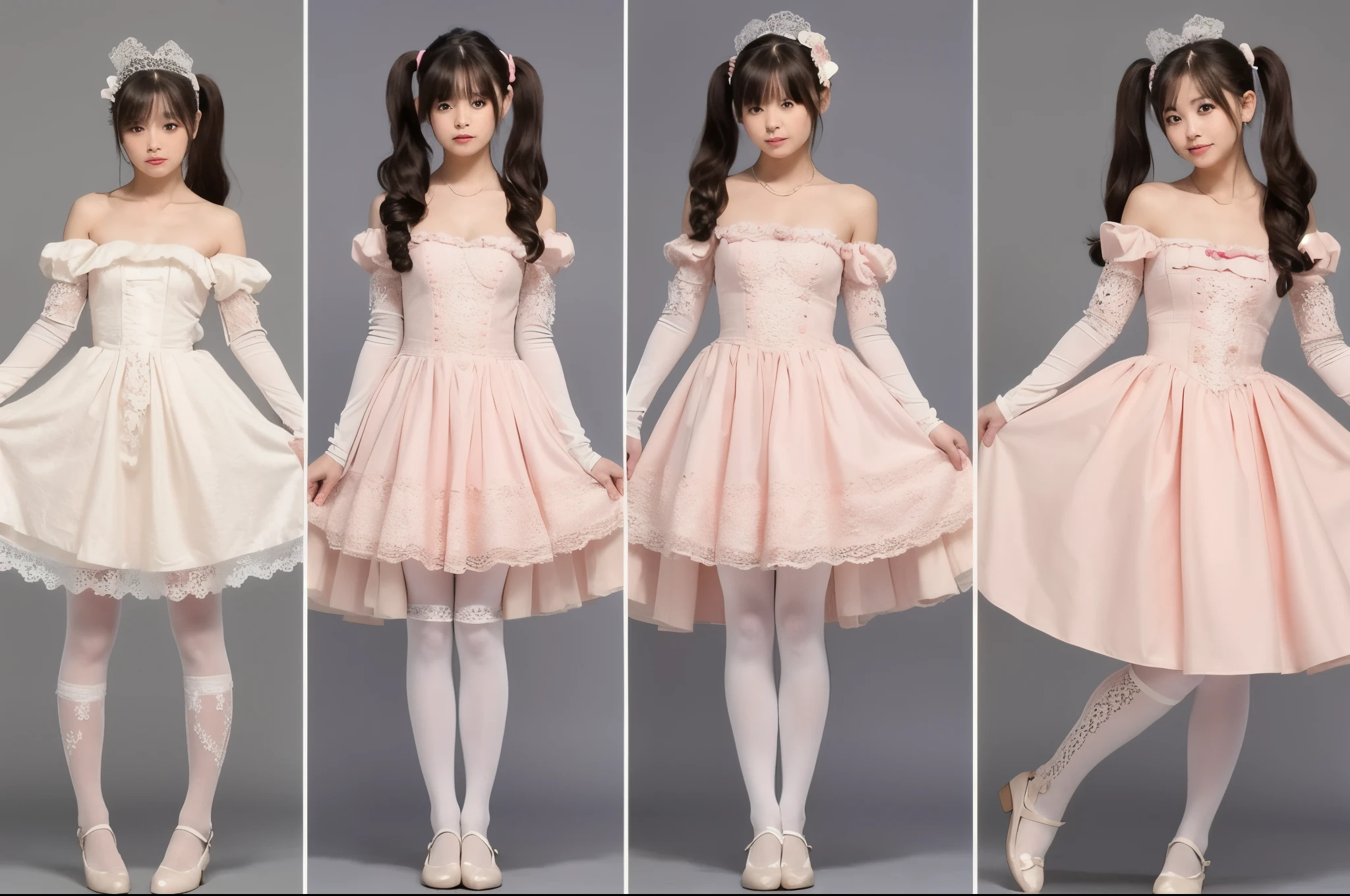 ((reference sheet)), a realistic one, detailed art , Seven-head body ratio、A girl with super long twin tails reaching her waist. She is wearing a strapless dress, Light pink dress with spaghetti straps，Decorated with floral pattern and small strawberries, Lace trim at neckline. She also paired it with pure white tights (lace panty hose). Artwork should include full-body views from the front and back, Her bow feet and diamond ballet flats are clearly visible, and detailed close-ups of her face and shoes.., Similar to previous description，But the perspective or posture is different.