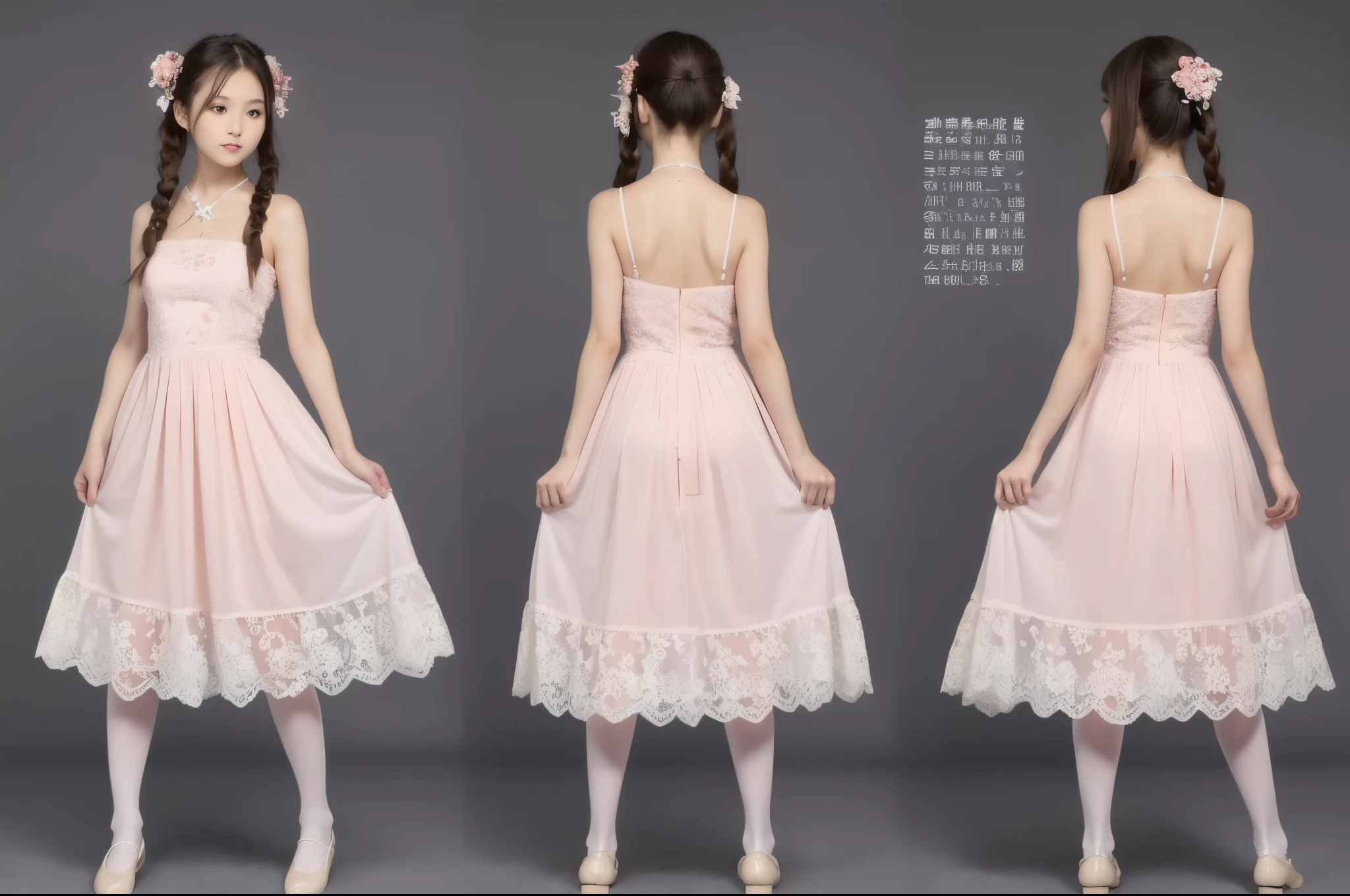 ((reference sheet)), a realistic one, detailed art , Seven-head body ratio、A girl with super long twin tails reaching her waist. She is wearing a strapless dress, Light pink dress with spaghetti straps，Decorated with floral pattern and small strawberries, Lace trim at neckline. She also paired it with pure white tights (Lace pantyhose). Artwork should include full-body views from the front and back, Her arched feet and diamond ballet flats are clearly visible, and detailed close-ups of her face and shoes...., Similar to previous description，But the perspective or posture is different.