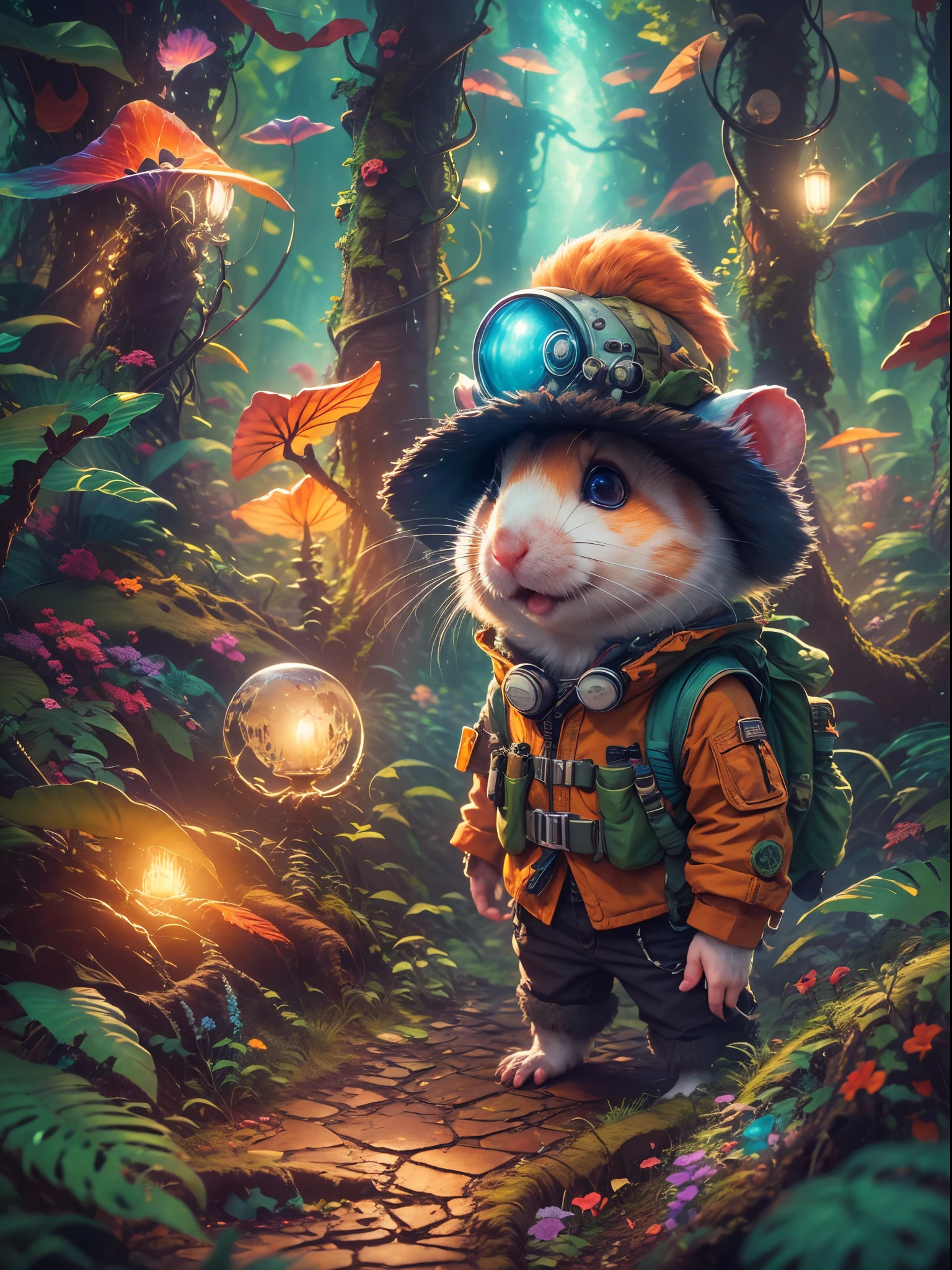 (Best quality at best, 8K, A high resolution, tmasterpiece:1.2), ultra - detailed, (actual, realistically, realistically:1.37), Vibrant colors, magical ambiance, Whimsical, ((1 cute hamster adventurer,Wear a lightweight and durable adventure gear,Camouflage Colorful Adventure Vest,Wearing an adventure hat,Bring a small hiking pole, Explore a Mayan temple in the pristine jungle)), Surreal, Psychedelic, Complicated details, Beautiful texture, Ethereal, like a dream, Soft glowing light, Charming Patterns, fantastical creature, Hidden surprises, dreamlike landscapes, Surreal color palette, Mystic aura, ultra-realistic realism, Enchanting journey, psychedelic trip, vivid imagination, immersive experience, mysterious creature, otherworldly charm, glowing paths, light up the forest floor, surreal sky, whimsical characters, glowing light eyes, a magical encounter, adventure helmet, Fascinating artwork