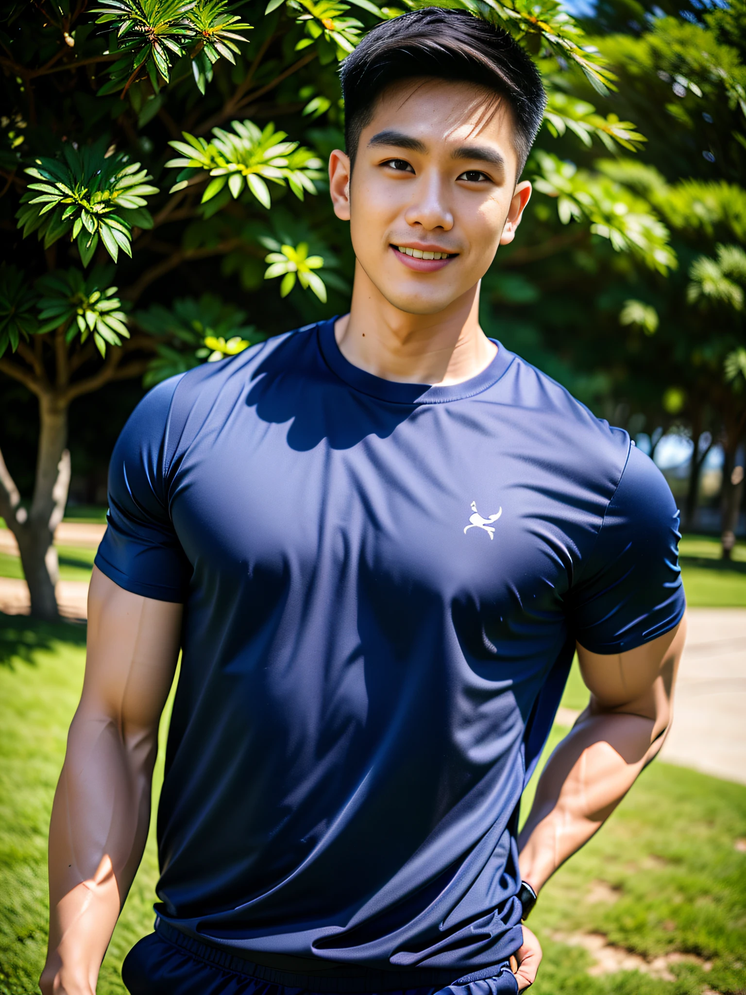 1 man, smile, (Wear a short-sleeved sports shirt..), Navy Cargo Pants, Young Korean , Korean Men, (High shadow detail), Pectoral muscles, Big arm muscles, blood vessel, Big muscles, Wide shoulders, looking at the audience, balance eyes, (eye contact), lawn