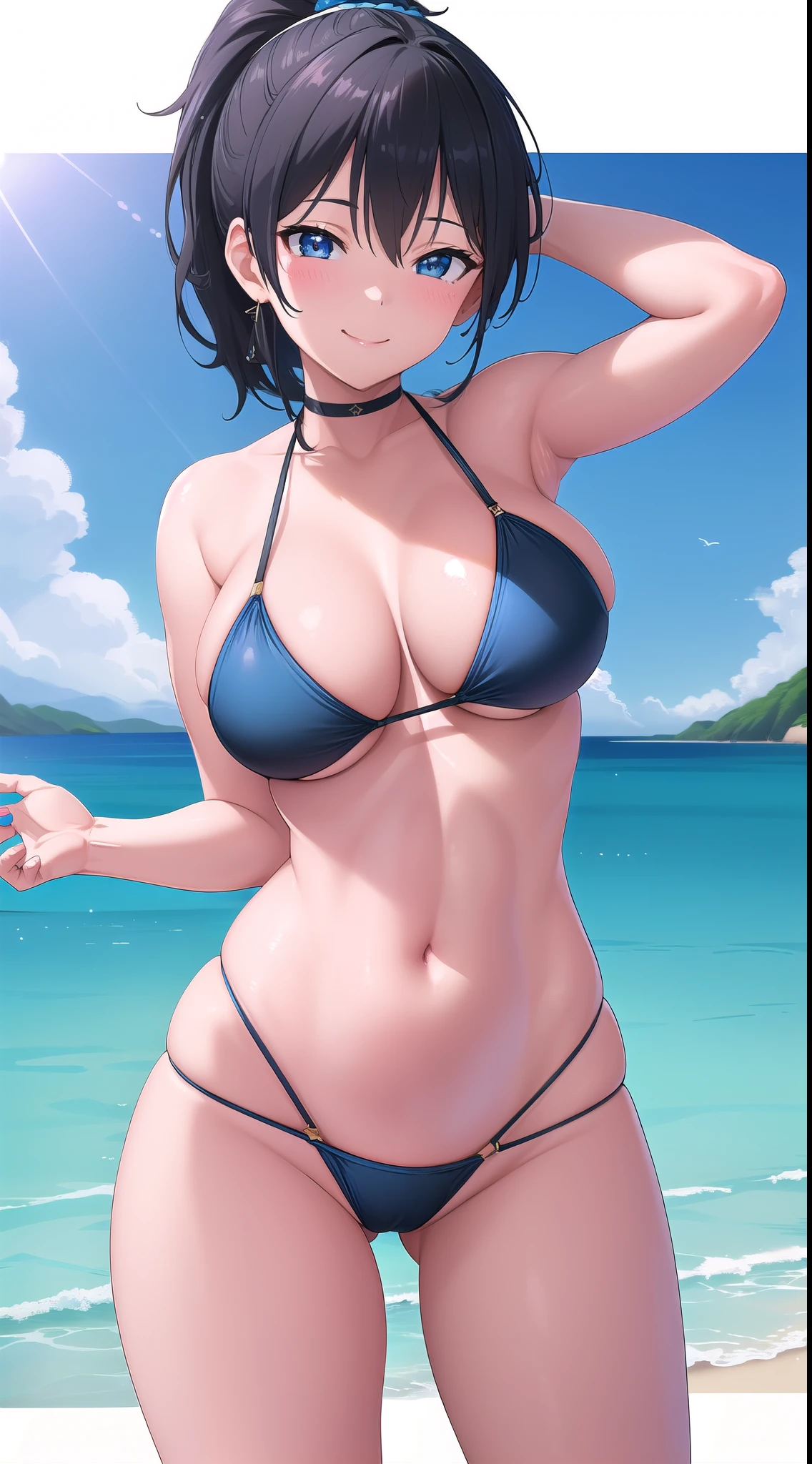 (best quality:1.5, highres, UHD, 4K, detailed lighting, shaders), black ponytail, large breasts, blue bikini, crotch, thighs, sexy, ecchi, seductive, (pov, close shot), standing, beach background, smiling