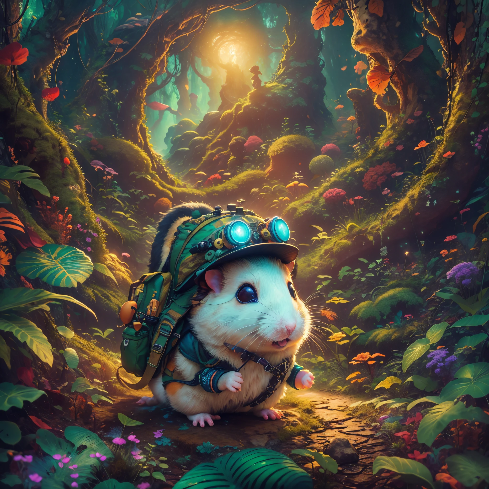 (Best quality at best, 8K, A high resolution, tmasterpiece:1.2), ultra - detailed, (actual, realistically, realistically:1.37), Vibrant colors, magical ambiance, Whimsical, ((1 cute hamster adventurer,Wear a lightweight and durable adventure gear,Camouflage Colorful Adventure Vest,Wearing an adventure hat,Bring a small hiking pole, Explore a Mayan temple in the pristine jungle)), Surreal, Psychedelic, Complicated details, Beautiful texture, Ethereal, like a dream, Soft glowing light, Charming Patterns, fantastical creature, Hidden surprises, dreamlike landscapes, Surreal color palette, Mystic aura, ultra-realistic realism, Enchanting journey, psychedelic trip, vivid imagination, immersive experience, mysterious creature, otherworldly charm, glowing paths, light up the forest floor, surreal sky, whimsical characters, glowing light eyes, a magical encounter, adventure helmet, Fascinating artwork