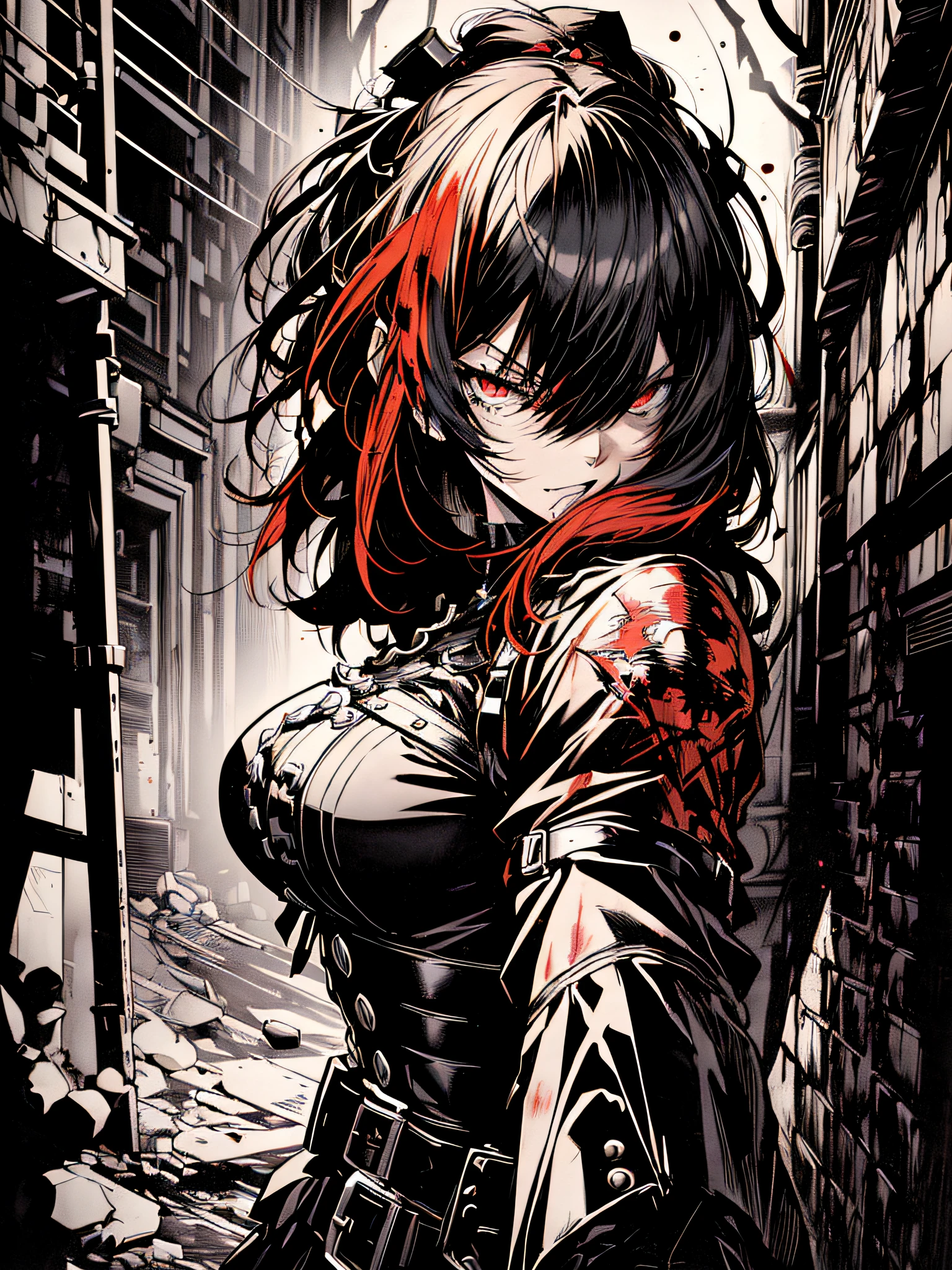 v5lcn style,(Best Quality,masutepiece:1.2),(Anime style,Comic Noir Style:1.1),dynamic compositions,actionpose,1girl in,cute-style,Adorable,extremely detailed eye,extra detailed face,very detail hair,8K,resolution,gothic dress,Gothic punk,blood splashing、dark hue、Red hue