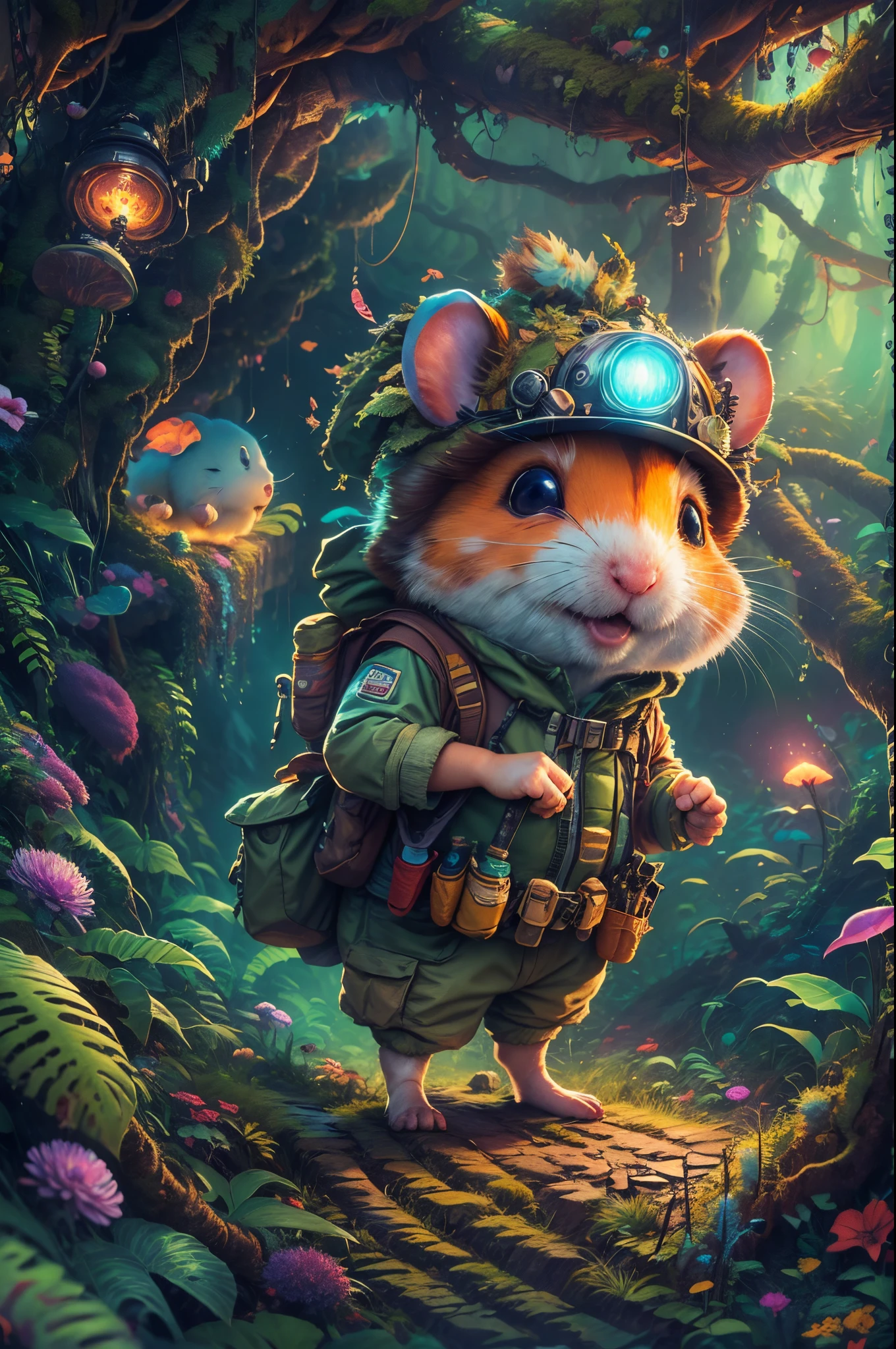 (Best quality at best, 8K, A high resolution, tmasterpiece:1.2), ultra - detailed, (actual, realistically, realistically:1.37), Vibrant colors, magical ambiance, Whimsical, ((1 cute hamster adventurer,Wear a lightweight and durable adventure gear,Camouflage Colorful Adventure Vest,Wearing an adventure hat,Bring a small hiking pole, Explore a Mayan temple in the pristine jungle)), Surreal, Psychedelic, Complicated details, Beautiful texture, Ethereal, like a dream, Soft glowing light, Charming Patterns, fantastical creature, Hidden surprises, dreamlike landscapes, Surreal color palette, Mystic aura, ultra-realistic realism, Enchanting journey, psychedelic trip, vivid imagination, immersive experience, mysterious creature, otherworldly charm, glowing paths, light up the forest floor, surreal sky, whimsical characters, glowing light eyes, a magical encounter, adventure helmet, Fascinating artwork
