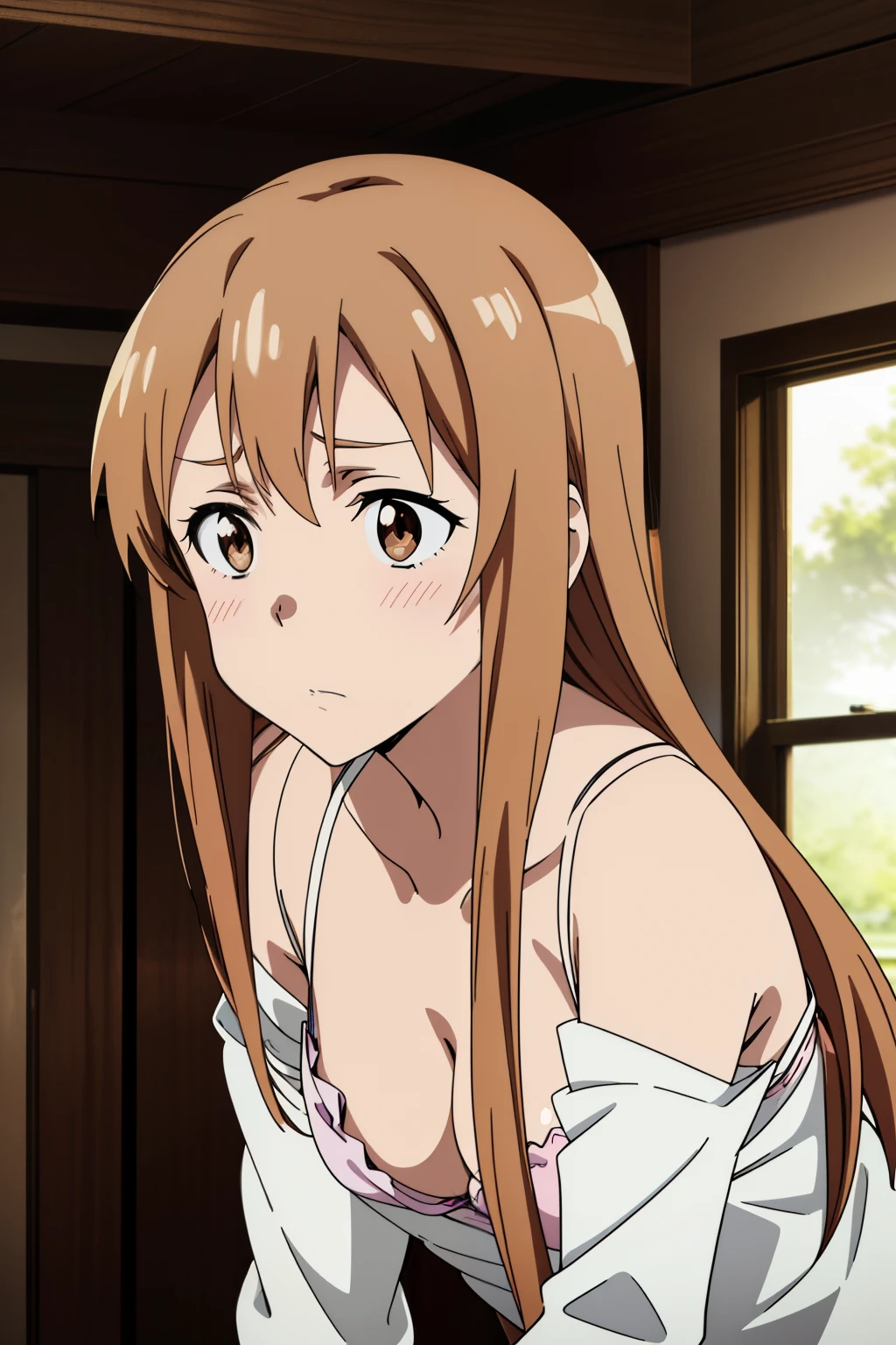 (Best Quality, masutepiece, High resolution, anime screen cap, anime colours, anime official art, Anime a poster), (Long straight light brown hair:1.5), Yuuki Asuna, Embarrassed look:1.3, blush, (huge drooping breasts:2.0, cleavage), ( Oversized white blouse:1.5, Thin fabric,no-bra:1.5), (Leaning forward:2.0, downbrouse), Slimed, Lower your arms, Upper body, Close-up on the chest, Front composition:2.0, Bedrooms, (Perfect Anatomy, perfect detailed body, Eyes and hair in beautiful detail, Beautiful breasts and skin),