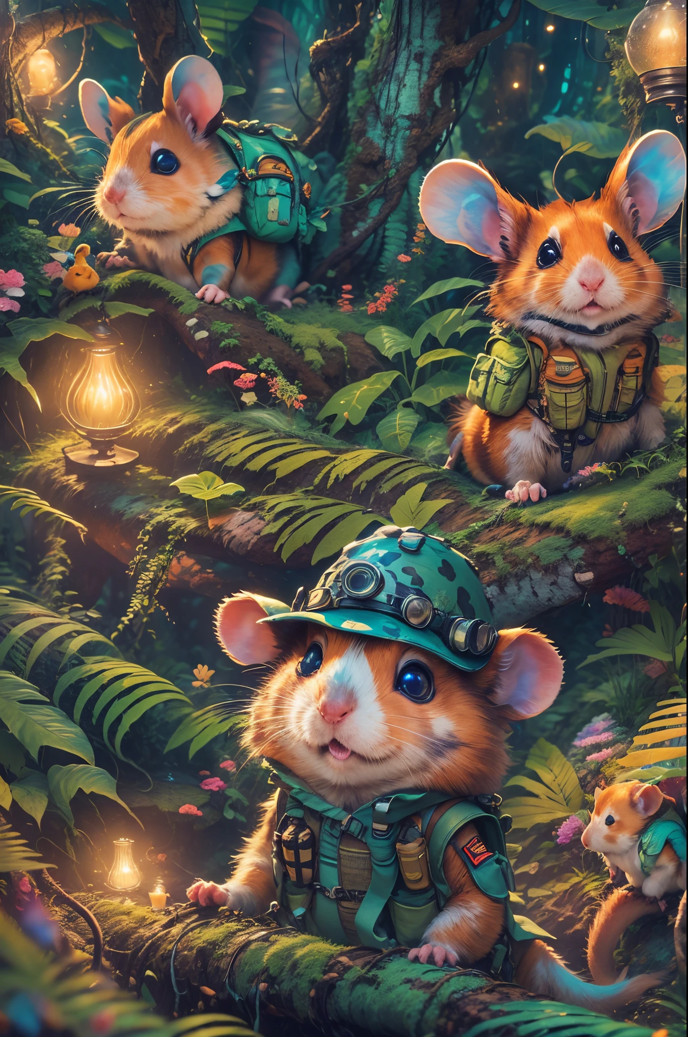 (Best quality at best, 8K, A high resolution, tmasterpiece:1.2), ultra - detailed, (actual, realistically, realistically:1.37), Vibrant colors, magical ambiance, Whimsical, ((1 cute hamster adventurer，Wear a lightweight and durable adventure gear，Camouflage Colorful Adventure Vest，Wearing an adventure hat，Bring a small hiking pole, Explore a Mayan temple in the pristine jungle)), Surreal, Psychedelic, Complicated details, Beautiful texture, Ethereal, like a dream, Soft glowing light, Charming Patterns, fantastical creature, Hidden surprises, dreamlike landscapes, Surreal color palette, Mystic aura, ultra-realistic realism, Enchanting journey, psychedelic trip, vivid imagination, immersive experience, mysterious creature, otherworldly charm, glowing paths, light up the forest floor, surreal sky, whimsical characters, glowing light eyes, a magical encounter, adventure helmet, Fascinating artwork
