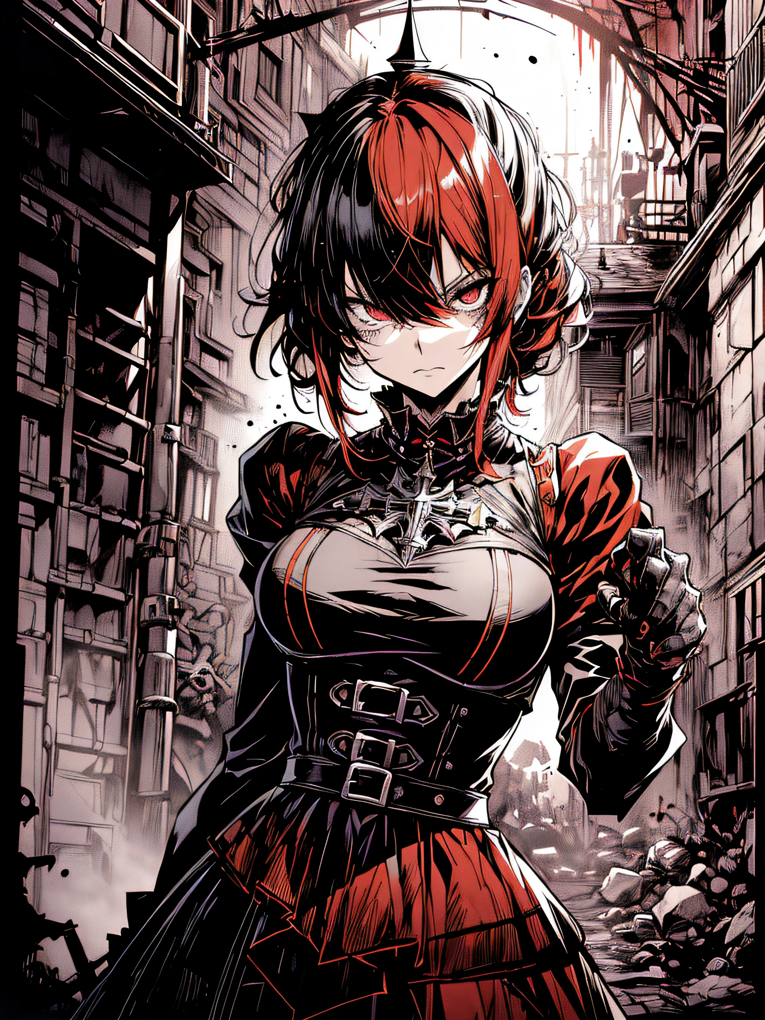 v5lcn style,(Best Quality,masutepiece:1.2),(Anime style,Comic Noir Style:1.1),dynamic compositions,actionpose,1girl in,cute-style,Adorable,extremely detailed eye,extra detailed face,very detail hair,8K,resolution,gothic dress,Gothic punk,blood splashing、dark hue、Red hue