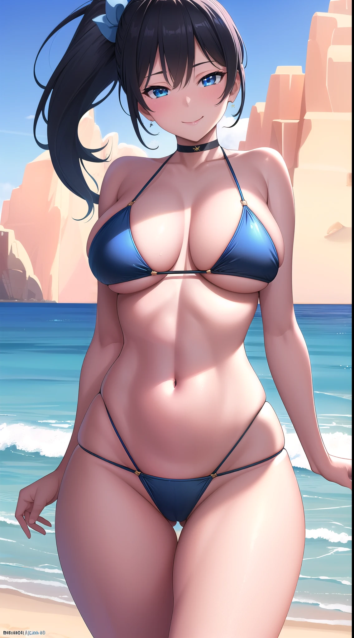 (best quality:1.5, highres, UHD, 4K, detailed lighting, shaders), black ponytail, large breasts, blue bikini, crotch, thighs, sexy, ecchi, seductive, (pov, close shot), standing, beach background, smiling