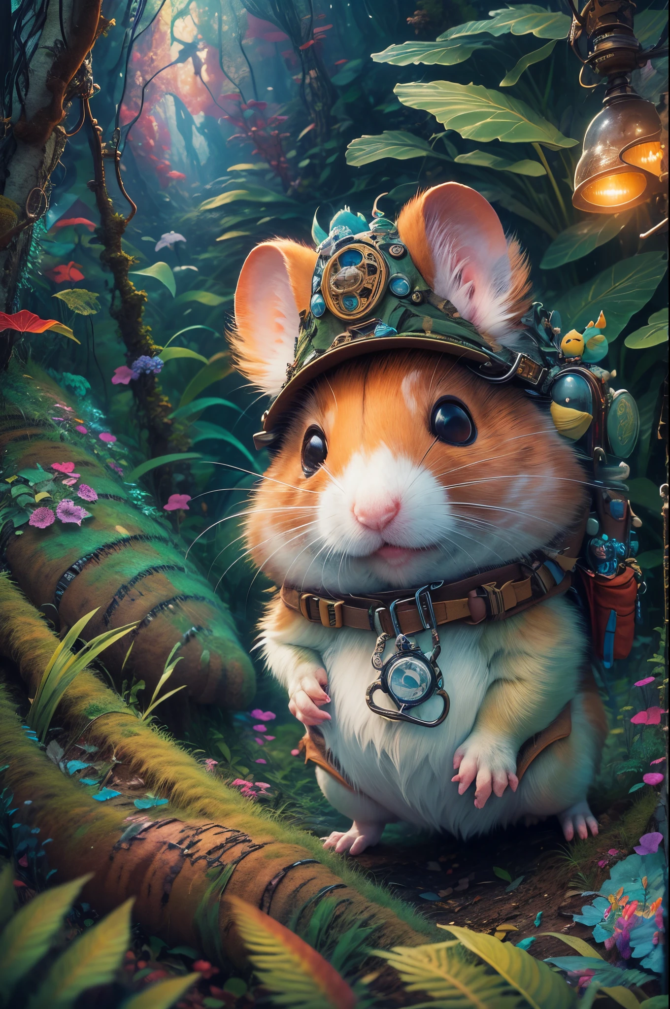 (Best quality at best, 8K, A high resolution, tmasterpiece:1.2), ultra - detailed, (actual, realistically, realistically:1.37), Vibrant colors, magical ambiance, Whimsical, ((1 cute hamster adventurer,Wear a lightweight and durable adventure gear,Camouflage Colorful Adventure Vest,Wearing an adventure hat,Bring a small hiking pole, Explore a Mayan temple in the pristine jungle)), Surreal, Psychedelic, Complicated details, Beautiful texture, Ethereal, like a dream, Soft glowing light, Charming Patterns, fantastical creature, Hidden surprises, dreamlike landscapes, Surreal color palette, Mystic aura, ultra-realistic realism, Enchanting journey, psychedelic trip, vivid imagination, immersive experience, mysterious creature, otherworldly charm, glowing paths, light up the forest floor, surreal sky, whimsical characters, glowing light eyes, a magical encounter, adventure helmet, Fascinating artwork