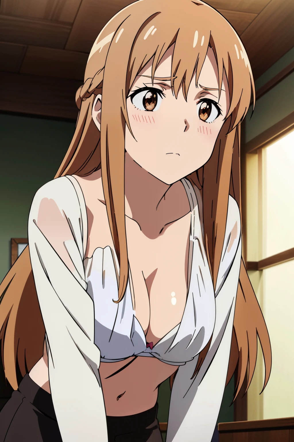 (Best Quality, masutepiece, High resolution, anime screen cap, anime colours, anime official art, Anime a poster), (Long straight light brown hair:1.5), Yuuki Asuna, Embarrassed look:1.3, blush, (huge drooping breasts:2.0, cleavage), ( Oversized white blouse:1.5, Thin fabric,no-bra:1.5), (Leaning forward:2.0, downbrouse), Slimed, Lower your arms, Upper body, Close-up on the chest, Front composition:2.0, Bedrooms, (Perfect Anatomy, perfect detailed body, Eyes and hair in beautiful detail, Beautiful breasts and skin),