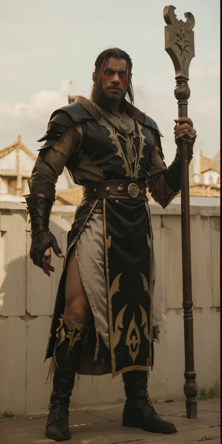 Demon sorcerer, cores quentes, em um vilarejo,