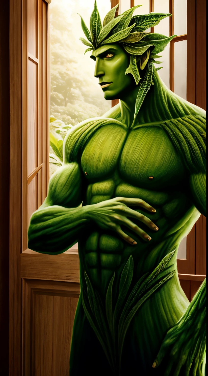 muscular nude man, detailed anatomy, beautiful red rose, photorealistic, hyper detailed, cinematic lighting, dramatic shadows, chiaroscuro, Renaissance style, glowing skin, realistic skin texture, highly detailed face, piercing eyes, intricate details, lush environment, moody atmosphere, natural lighting, vibrant colors