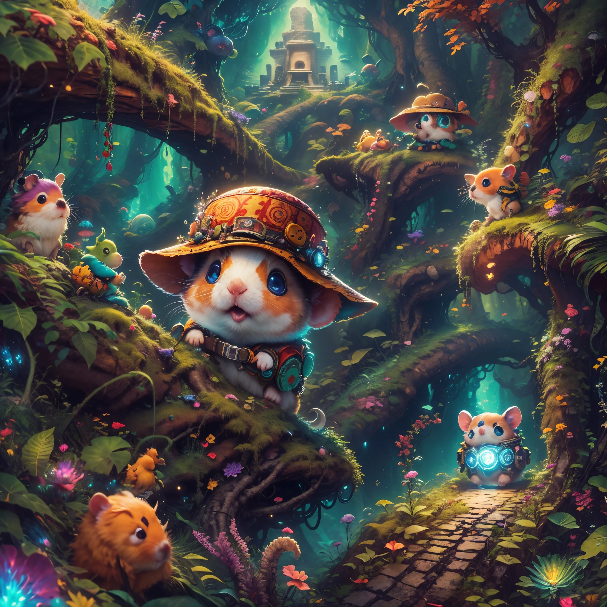 (Best quality at best, 8K, A high resolution, tmasterpiece:1.2), ultra - detailed, (actual, realistically, realistically:1.37), Vibrant colors, magical ambiance, Whimsical, ((1 cute hamster adventurer,Wear a lightweight and durable adventure gear,Camouflage Colorful Adventure Vest,Wearing an adventure hat,Bring a small hiking pole, Explore a Mayan temple in the pristine jungle)), Surreal, Psychedelic, Complicated details, Beautiful texture, Ethereal, like a dream, Soft glowing light, Charming Patterns, fantastical creature, Hidden surprises, dreamlike landscapes, Surreal color palette, Mystic aura, ultra-realistic realism, Enchanting journey, psychedelic trip, vivid imagination, immersive experience, mysterious creature, otherworldly charm, glowing paths, light up the forest floor, surreal sky, whimsical characters, glowing light eyes, a magical encounter, adventure helmet, Fascinating artwork