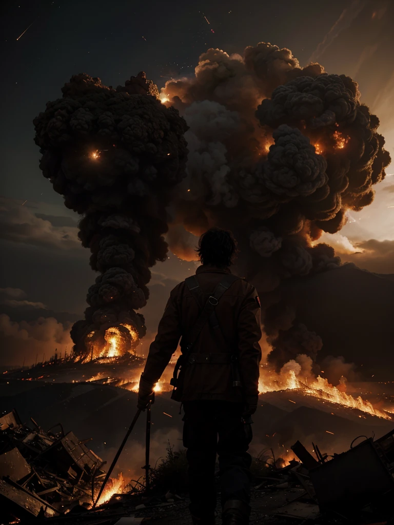 Man preventing fire meteor from hitting the already completely destroyed earth, apocalyptic scenery, cinematic picture