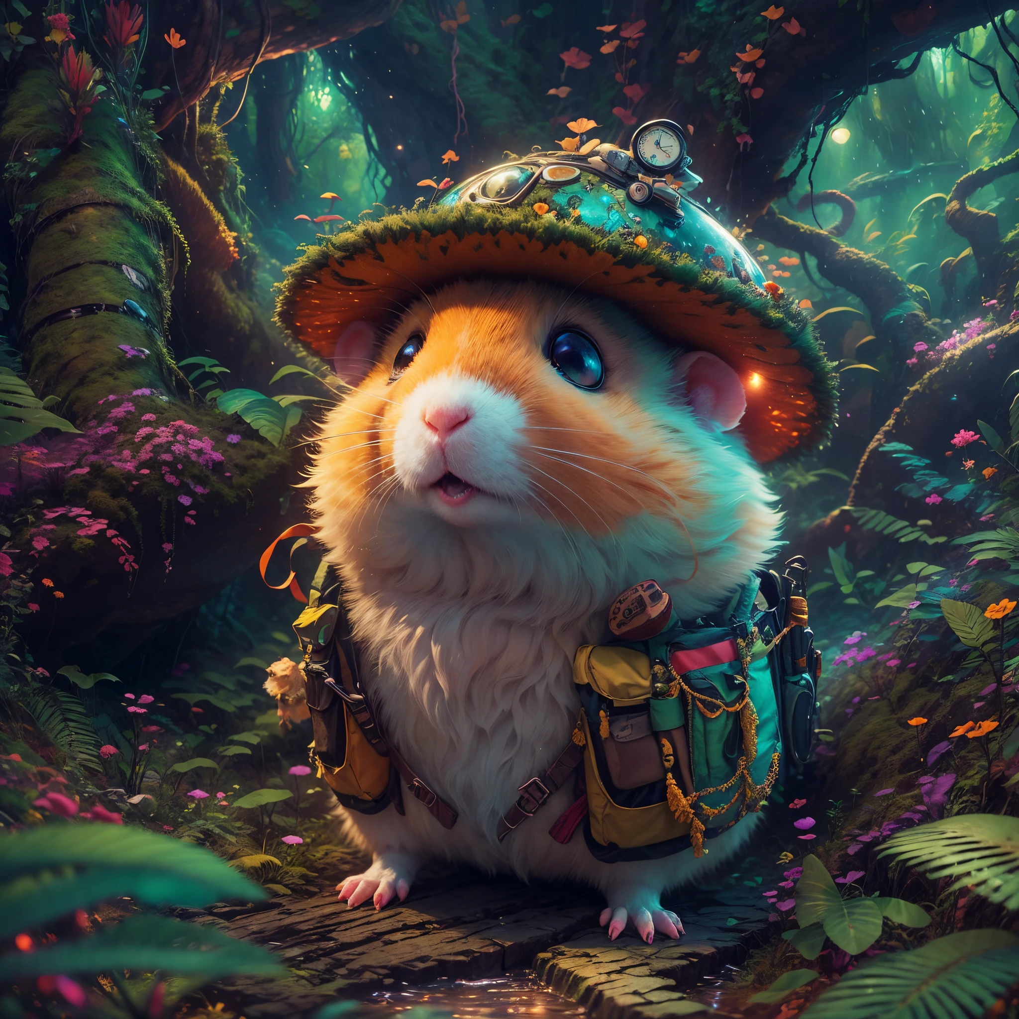 (Best quality at best, 8K, A high resolution, tmasterpiece:1.2), ultra - detailed, (actual, realistically, realistically:1.37), Vibrant colors, magical ambiance, Whimsical, ((1 cute hamster adventurer，Wear a lightweight and durable adventure gear，Camouflage Colorful Adventure Vest，Wearing an adventure hat，Bring a small hiking pole, Explore a Mayan temple in the pristine jungle)), Surreal, Psychedelic, Complicated details, Beautiful texture, Ethereal, like a dream, Soft glowing light, Charming Patterns, fantastical creature, Hidden surprises, dreamlike landscapes, Surreal color palette, Mystic aura, ultra-realistic realism, Enchanting journey, psychedelic trip, vivid imagination, immersive experience, mysterious creature, otherworldly charm, glowing paths, light up the forest floor, surreal sky, whimsical characters, glowing light eyes, a magical encounter, adventure helmet, Fascinating artwork