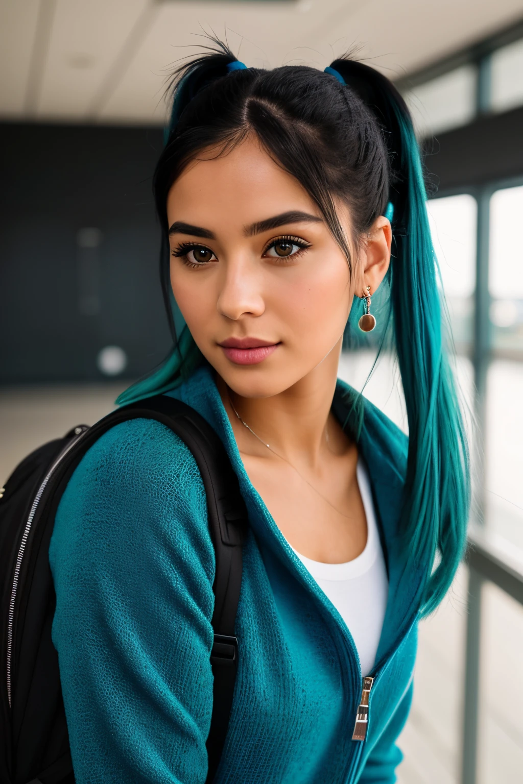 photo of (emikin:0.99), full body shot, full body portrait , can see legs in photo , legs, body a woman as a sexy TikTok influencer, cobalt hair, blue hair , teal hair , twintails, piggy tails, happy, backpack,  grey tracksuit, indoors , at airport , awaiting flight, background airport flight board (extremely detailed CG unity 8k wallpaper), photo of the most beautiful artwork in the world, professional majestic (photography by Steve McCurry), 8k uhd, dslr, film grain, Fujifilm XT3 sharp focus, f 5.6, High Detail, Sharp focus, dramatic, (looking at viewer:1.2), (detailed pupils:1.3), (natural light), (seductive) , (masterpiece:1.3), (8k, photorealistic, RAW photo, best quality: 1.4), (1girl), beautiful face, (realistic face), beautiful hairstyle, realistic eyes, beautiful detailed eyes, (realistic skin), beautiful skin, (black sweater), absurdres, attractive, ultra high res, ultra realistic, highly detailed, golden ratio