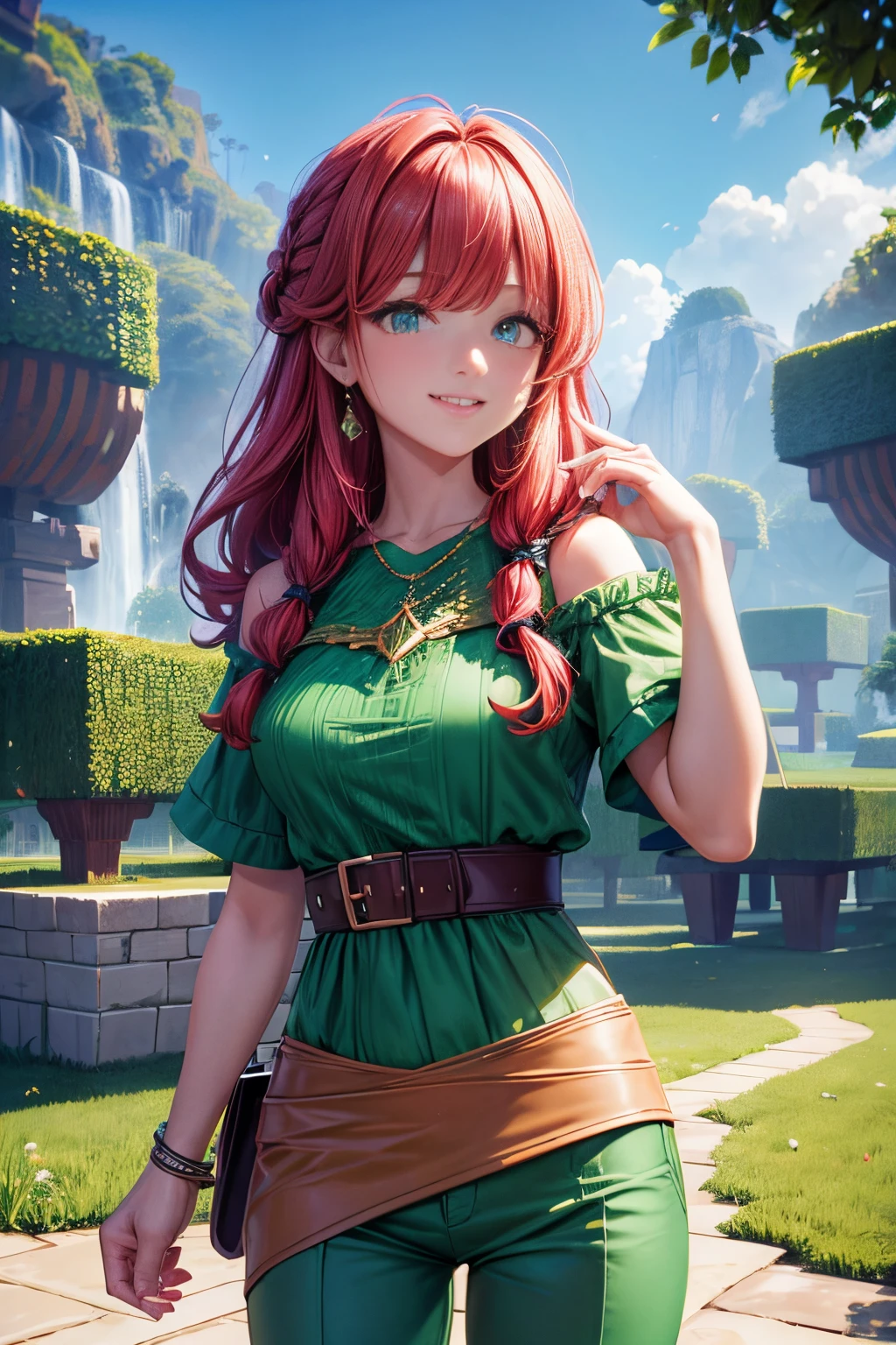 Minecraft mundo cuadriculado bosque estilo minecraft ((Alto detalle, La mejor calidad, 4k, Obra maestra, Disco duro:1.3)), 1girl, solamente, girlish, cabello rosa, Camisa verde, pantalones marrones, Botas grises, Sentarse en la hierba, They are smiling, Risa, cabello largo, cabello rosa