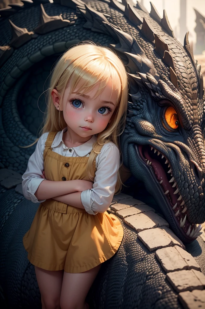 /imagine: A cute blonde  in front of a dragon, 8k, uhd, severe low lighting, alta qualidade, foco nitido, fujifilm XT3