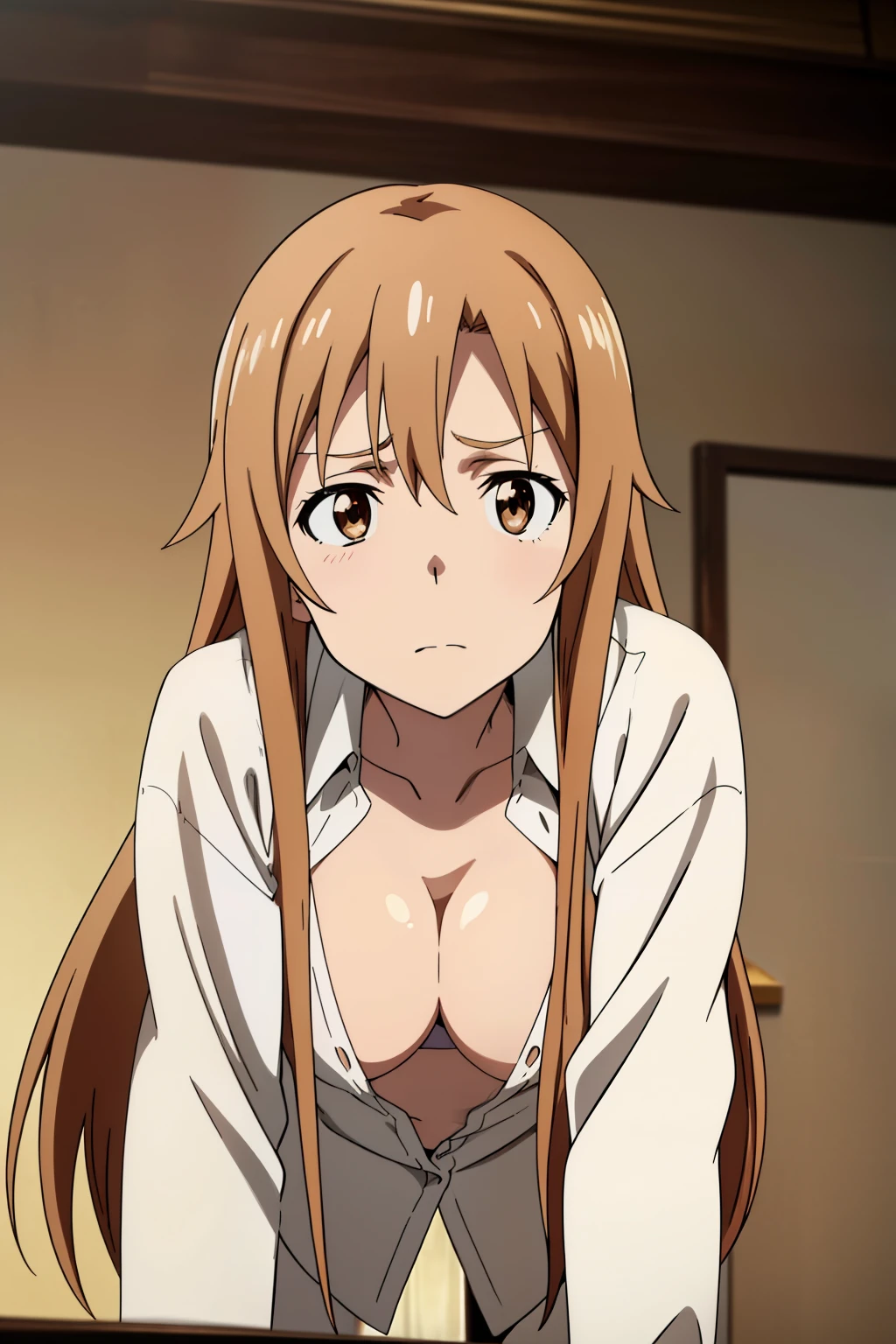 (Best Quality, masutepiece, High resolution, anime screen cap, anime colours, anime official art, Anime a poster), (Long straight light brown hair:1.5), Yuuki Asuna, Embarrassed look:1.3, blush, (huge drooping breasts:2.0, cleavage), ( oversized white shirt:1.5, Thin fabric,no-bra:1.5), (Leaning forward:2.0, Down shirt), Wide open chest, Slimed, Lower your arms, Upper body, Close-up on the chest, Front composition:1.5, Bedrooms, (Perfect Anatomy, perfect detailed body, Eyes and hair in beautiful detail, Beautiful breasts and skin),