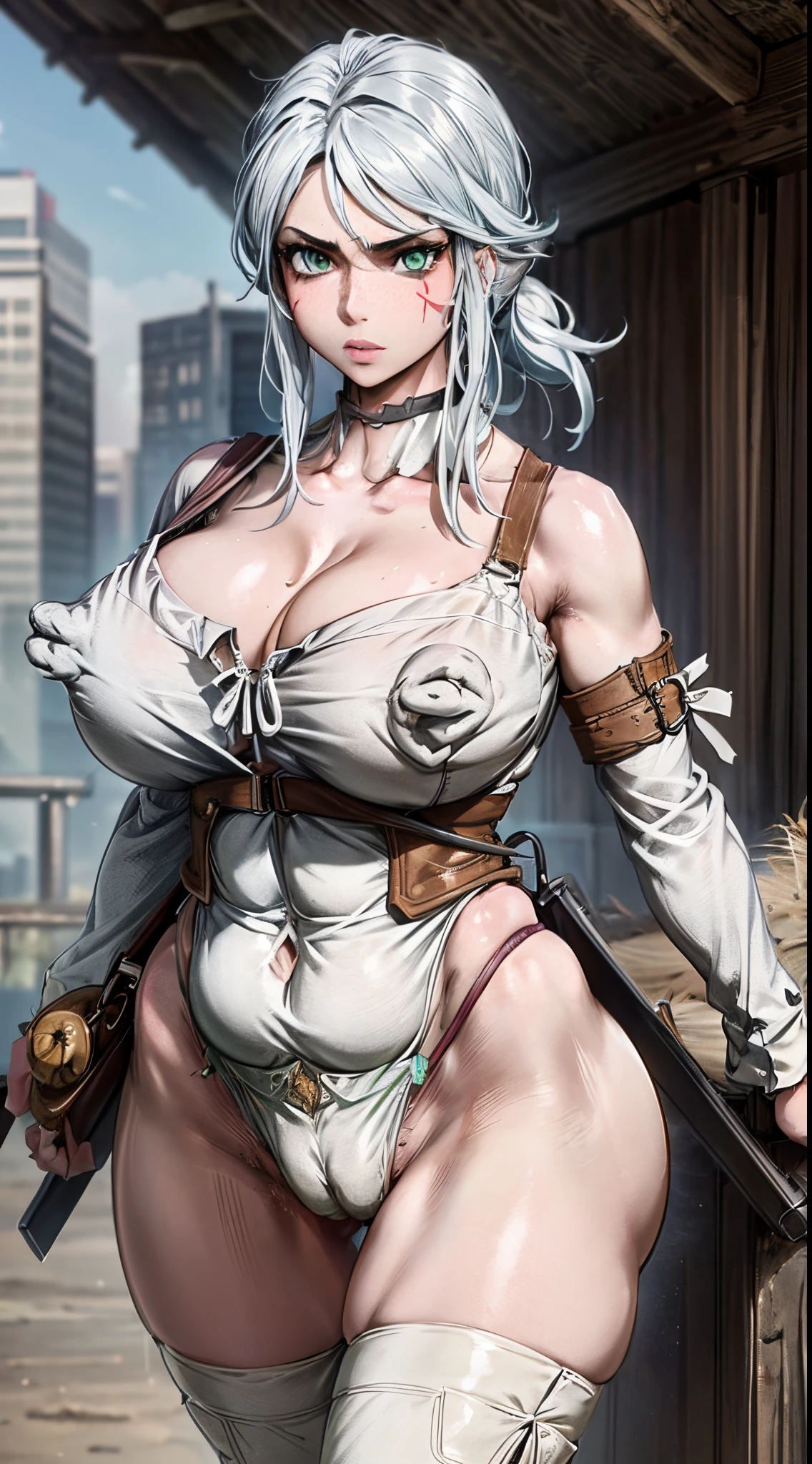 1girls, alternate body type, alternate breast size, areola slip, areolae, armpit hair, branded, branding mark, breasts, busty, clothed, clothing, cowgirl female, green eyes, hairy pussy, huge breasts, light skin, looking at viewer, venus body, voluptuous, white hair, wide hips