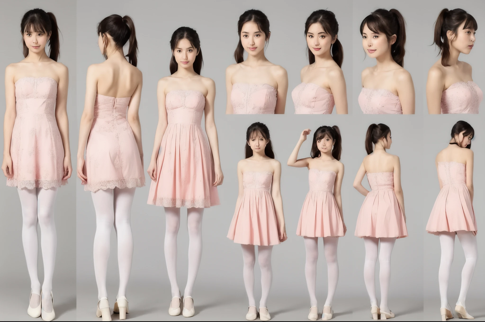 ((reference sheet)), (((a realistic one, detailed art)) , Seven-head body ratio、A girl with super long twin tails reaching her waist. She is wearing a strapless dress, Light pink dress with spaghetti straps，Decorated with floral pattern and small strawberries, Lace trim at neckline. She also paired it with pure white tights (Lace pantyhose). Artwork should include full-body views from the front and back, Her arched feet and diamond ballet flats are clearly visible, and detailed close-ups of her face and shoes......, Similar to previous description，But the perspective or posture is different.