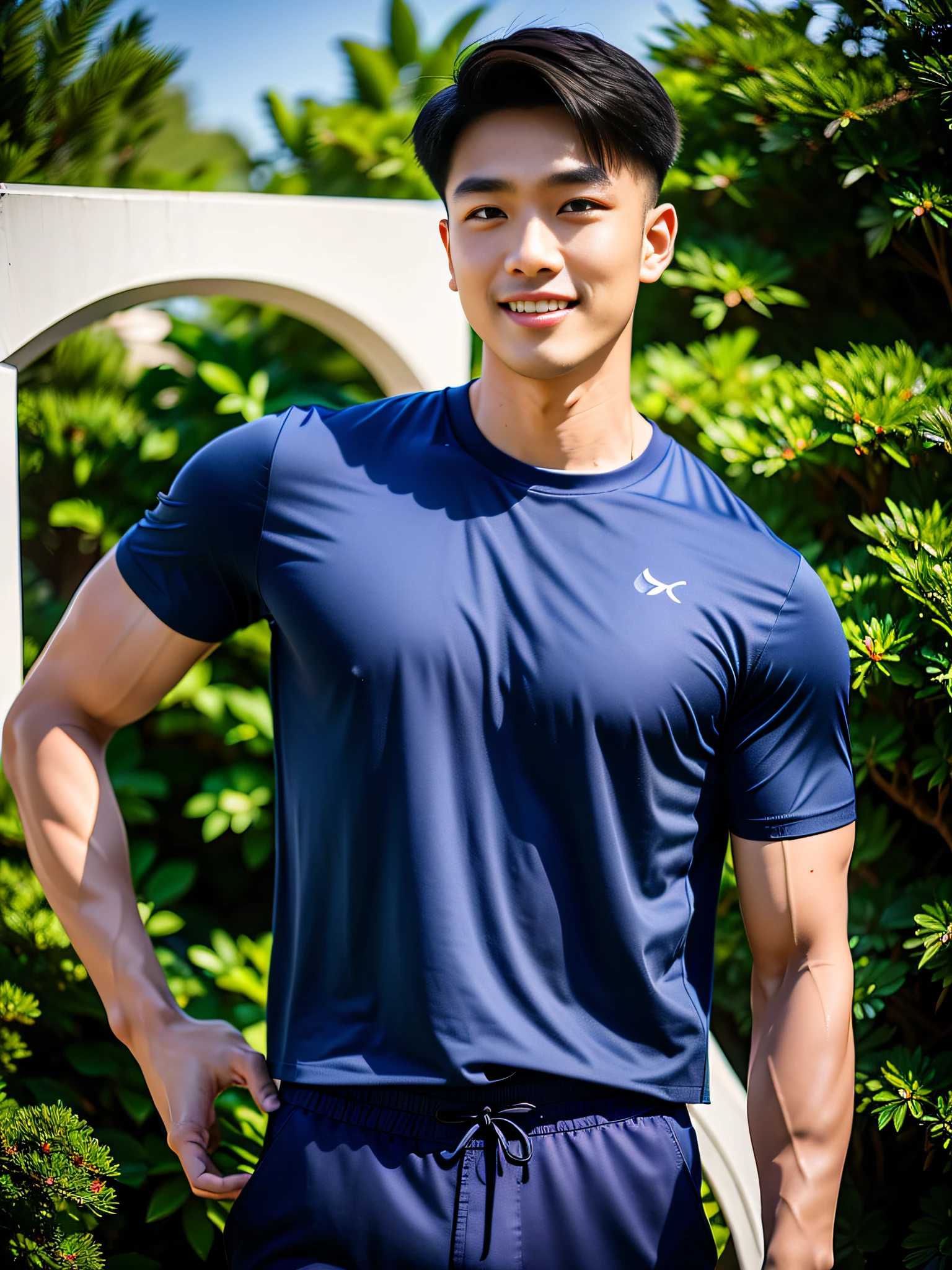 1 man, smile, (Wear a short-sleeved sports shirt...), Navy Cargo Pants, Young Korean , Korean Men, (High shadow detail), Pectoral muscles, Big arm muscles, blood vessel, Big muscles, Wide shoulders, looking at the audience, balance eyes, (eye contact), lawn