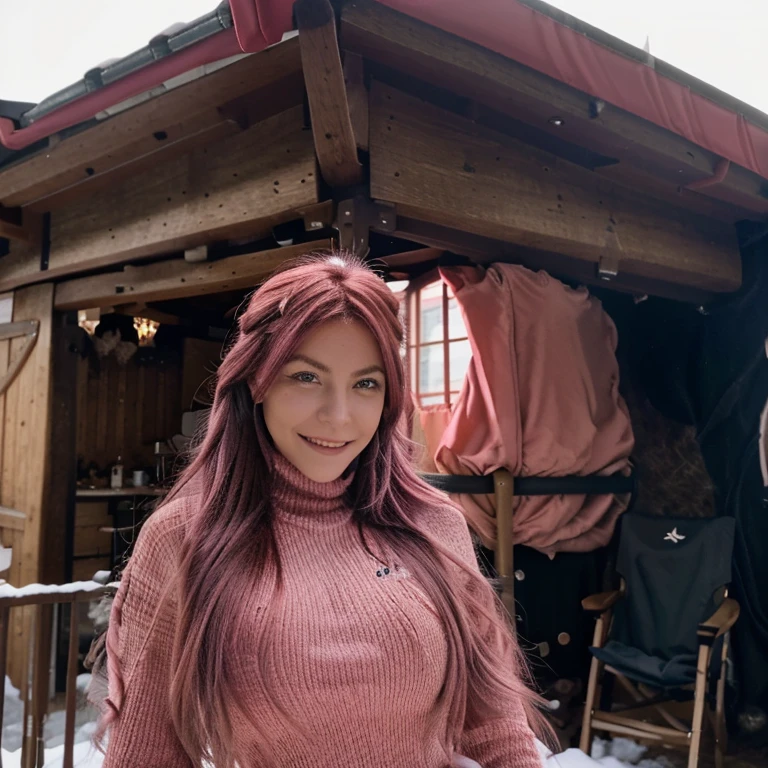 Femme influenceuse, femme cheveux long couleur rose, femme cheveux rose, femme sur une montagne enneigée, femme en combinaisons de skie, (combinaison rose au bande noir), femme debout souriante, en fond d’image un chalet des montagnes