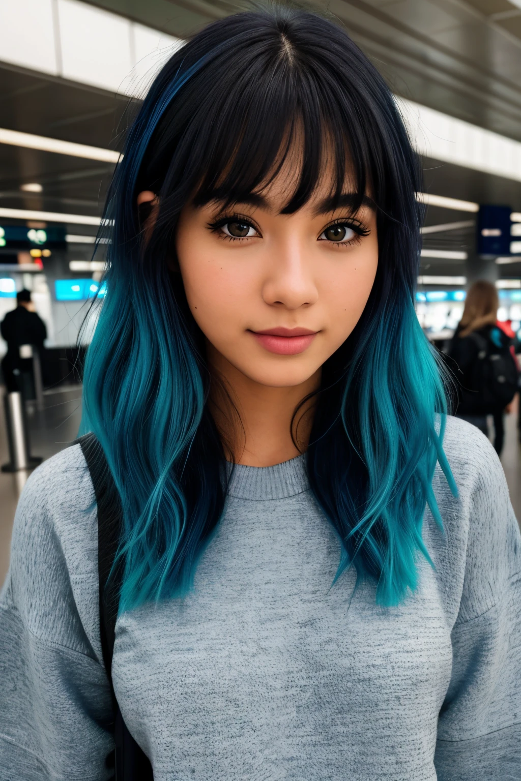 photo of (emikin:0.99), full body shot, full body portrait , can see legs in photo , legs, body a woman as a sexy TikTok influencer, cobalt hair, blue hair , teal hair , twintails, piggy tails, happy, backpack, grey tracksuit, indoors , at airport , awaiting flight, background airport flight board , (extremely detailed CG unity 8k wallpaper), photo of the most beautiful artwork in the world, professional majestic (photography by Steve McCurry), 8k uhd, dslr, film grain, Fujifilm XT3 sharp focus, f 5.6, High Detail, Sharp focus, dramatic, (looking at viewer:1.2), (detailed pupils:1.3), (natural light), (seductive) , (masterpiece:1.3), (8k, photorealistic, RAW photo, best quality: 1.4), (1girl), beautiful face, (realistic face), beautiful hairstyle, realistic eyes, beautiful detailed eyes, (realistic skin), beautiful skin, (black sweater), absurdres, attractive, ultra high res, ultra realistic, highly detailed, golden ratio