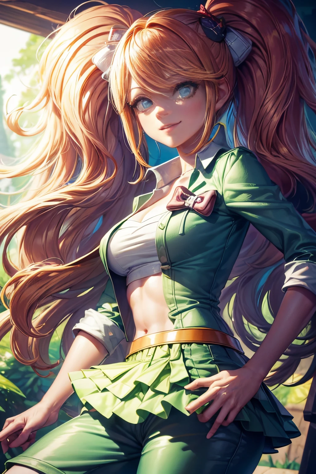 Minecraft mundo cuadriculado bosque estilo minecraft ((Alto detalle, La mejor calidad, 4k, Obra maestra, Disco duro:1.3)), 1girl, solamente, girlish, cabello rosa, Camisa verde, pantalones marrones, Botas grises, Sentarse en la hierba, They are smiling, Risa, cabello largo, cabello rosa