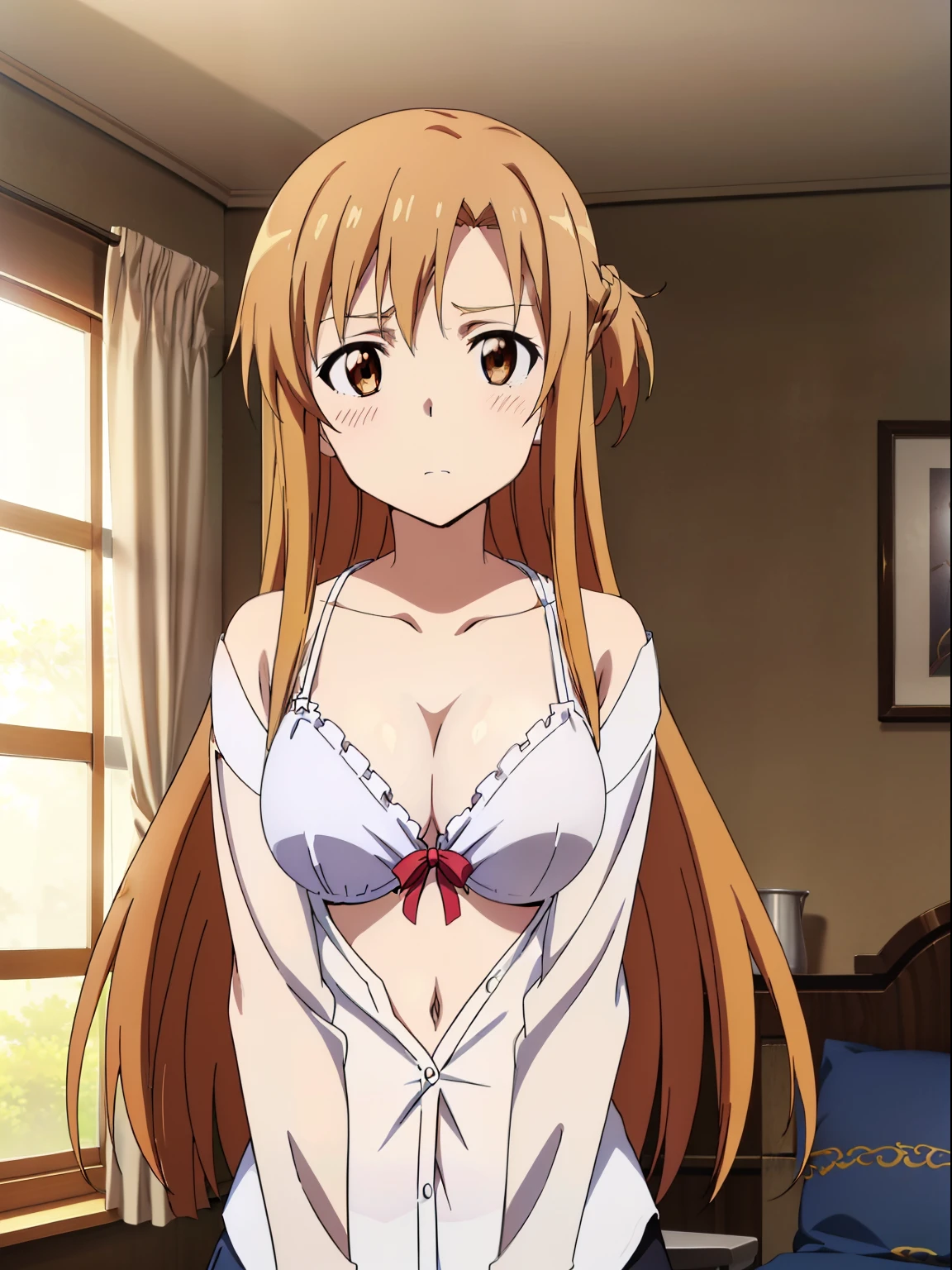 (Best Quality, masutepiece, High resolution, anime screen cap, anime colours, anime official art, Anime a poster), (Long straight light brown hair:1.5), Yuuki Asuna, Embarrassed look:1.3, blush, (huge drooping breasts:2.0, cleavage), ( oversized white shirt:1.5, Thin fabric,no-bra:1.5), (Leaning forward:2.0, Down shirt), Wide open chest, Slimed, Lower your arms, Upper body, Close-up on the chest, Front composition:1.5, Bedrooms, (Perfect Anatomy, perfect detailed body, Eyes and hair in beautiful detail, Beautiful breasts and skin),