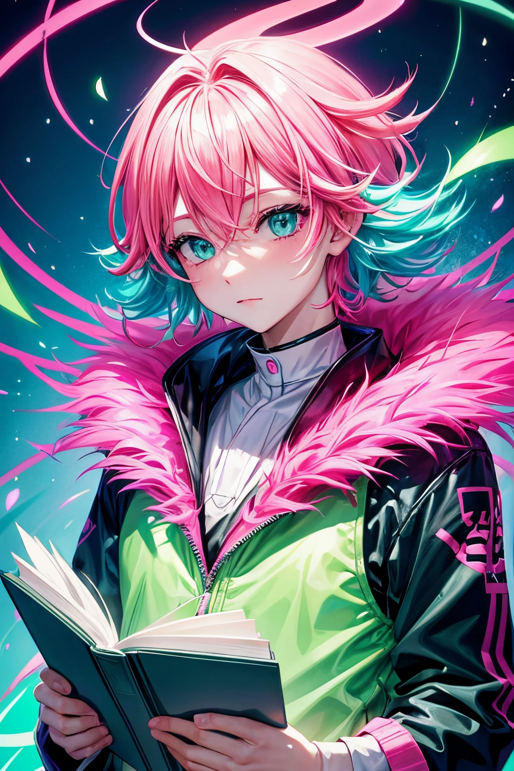 fluorescent pink hair、Fluorescent Green Clothing、ember、Reading a book、vivd colour、Pop colors、neon color、1male people、One Man、One guy、30-years old